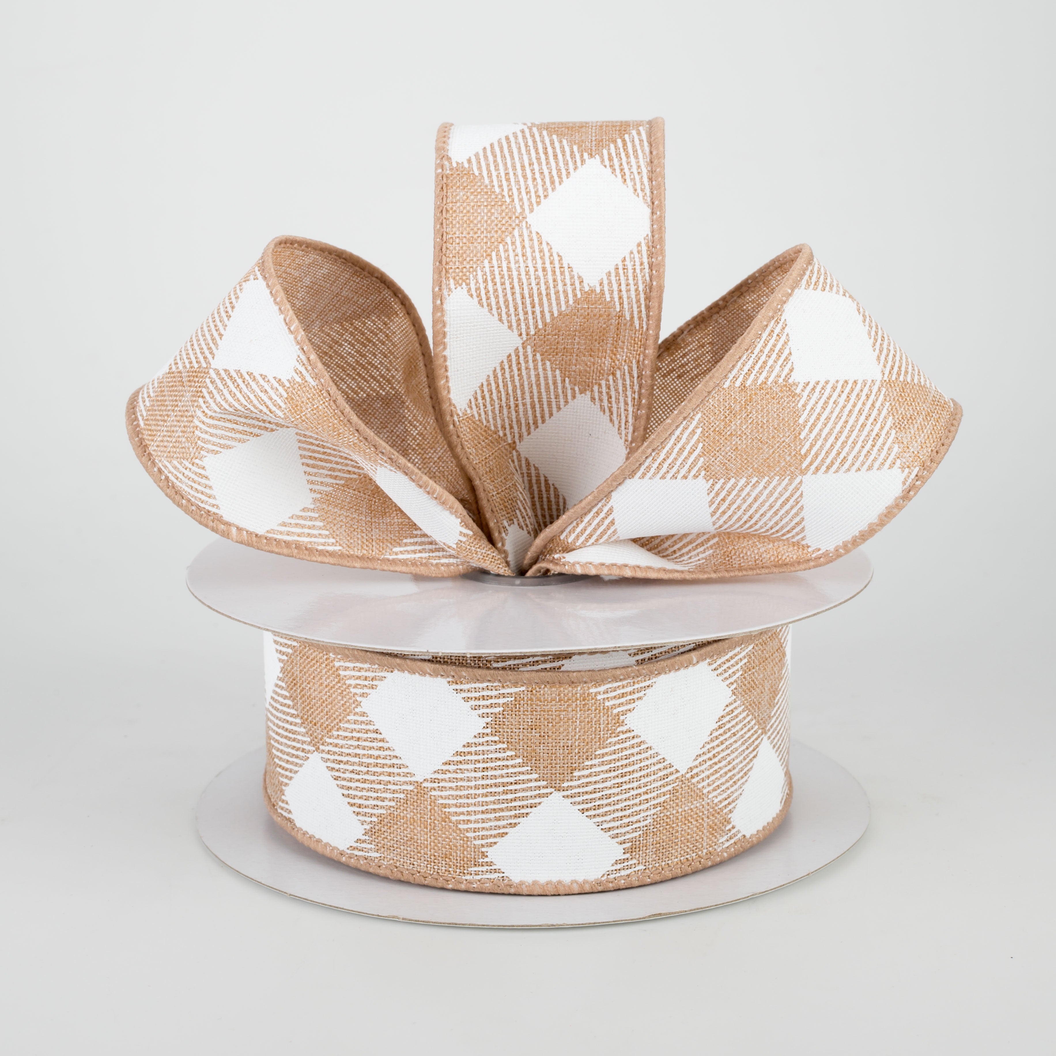 1.5" Diagonal Check Ribbon: Light Tan & White (10 Yards) Lifestyle Photo