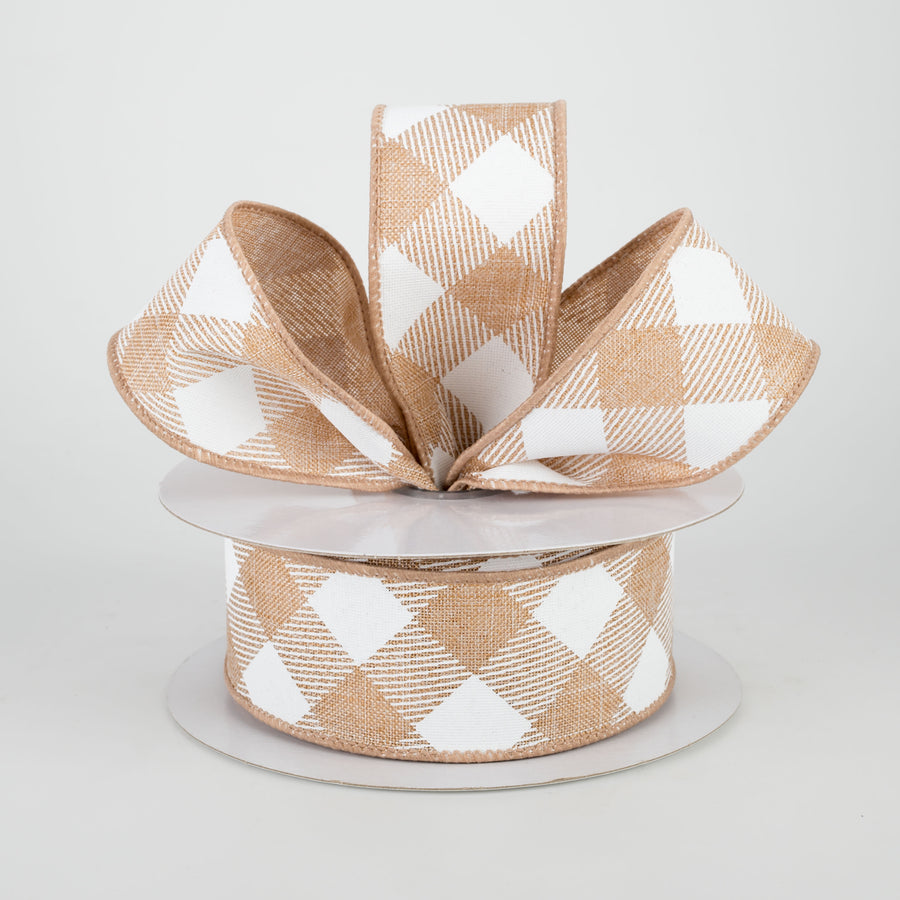 1.5" Diagonal Check Ribbon: Light Tan & White (10 Yards) Lifestyle Photo
