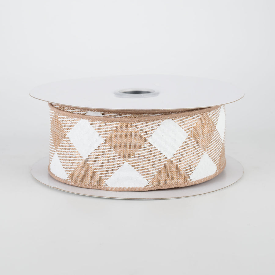 1.5" Diagonal Check Ribbon: Light Tan & White (10 Yards)
