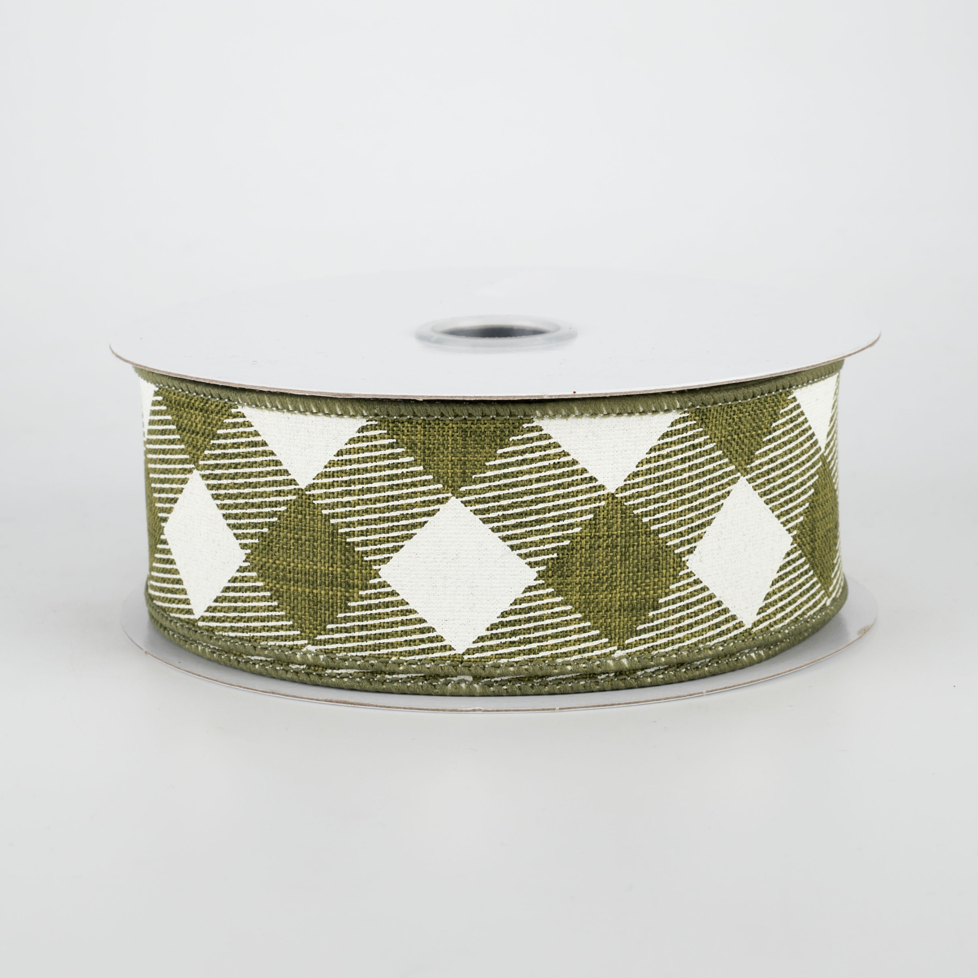 1.5" Diagonal Check Ribbon: Moss Green & Ivory (10 Yards)