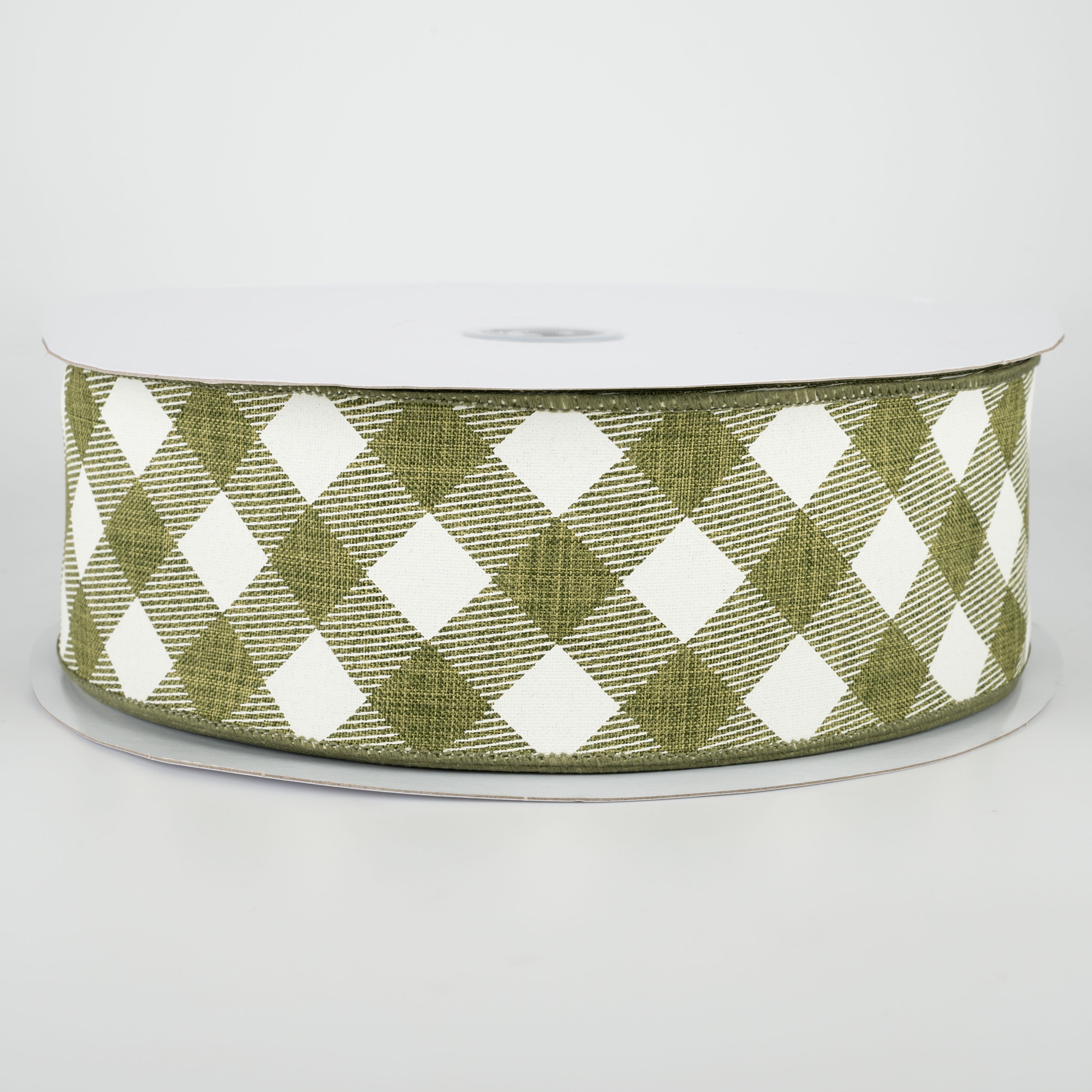 2.5" Diagonal Check Ribbon: Moss Green & Ivory (50 Yards)