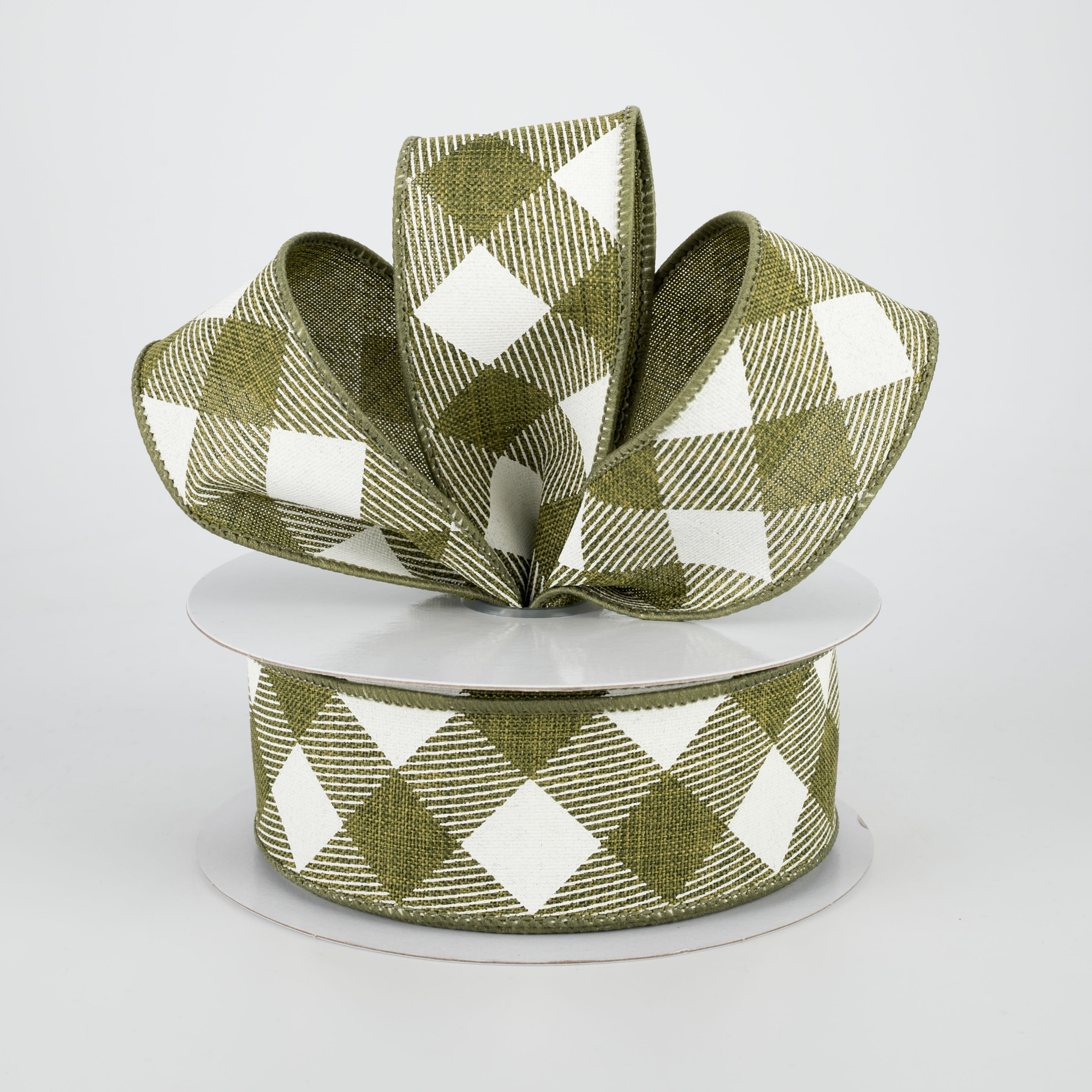 1.5" Diagonal Check Ribbon: Moss Green & Ivory (10 Yards) Lifestyle Photo
