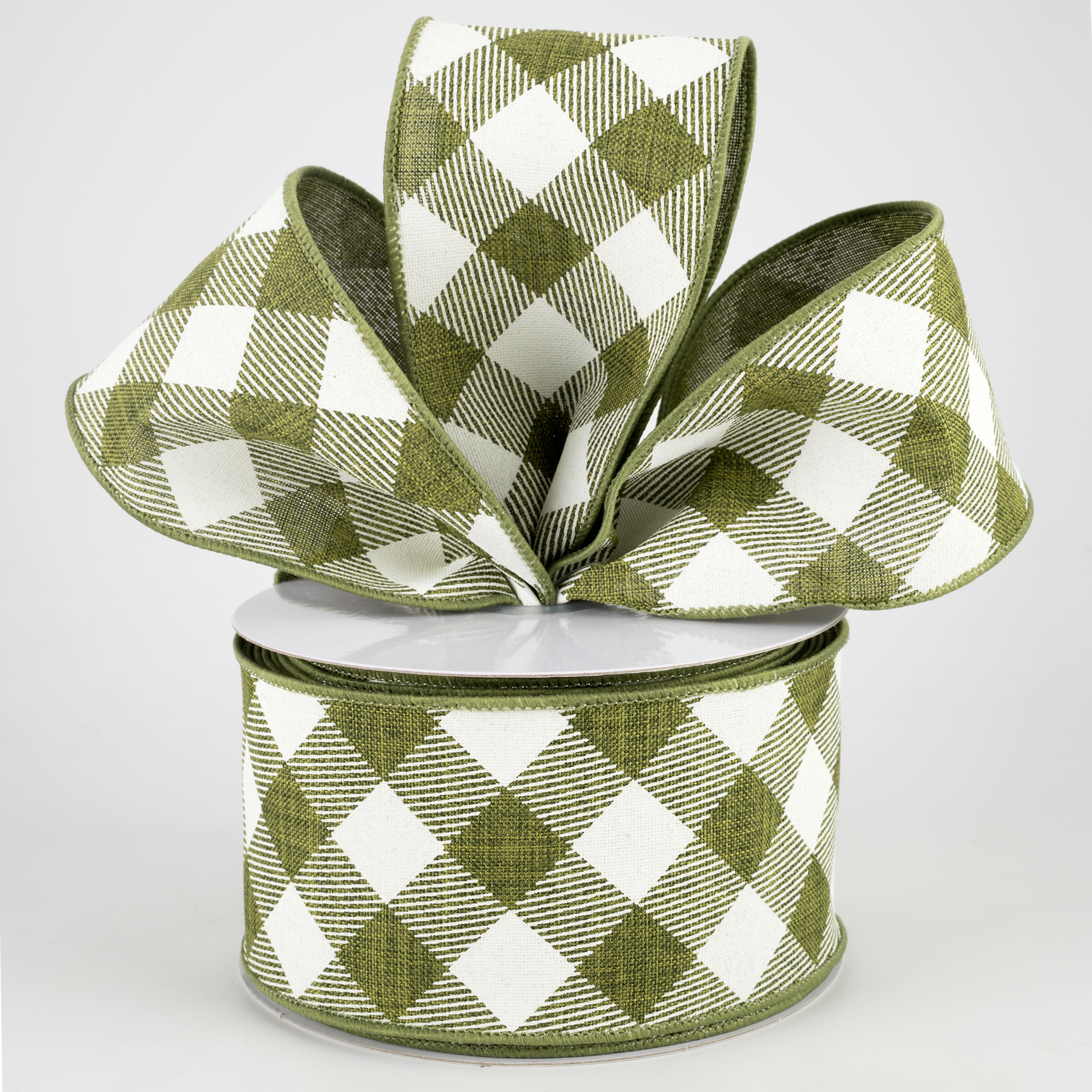 2.5" Diagonal Check Ribbon: Moss Green & Ivory (10 Yards) Lifestyle Photo