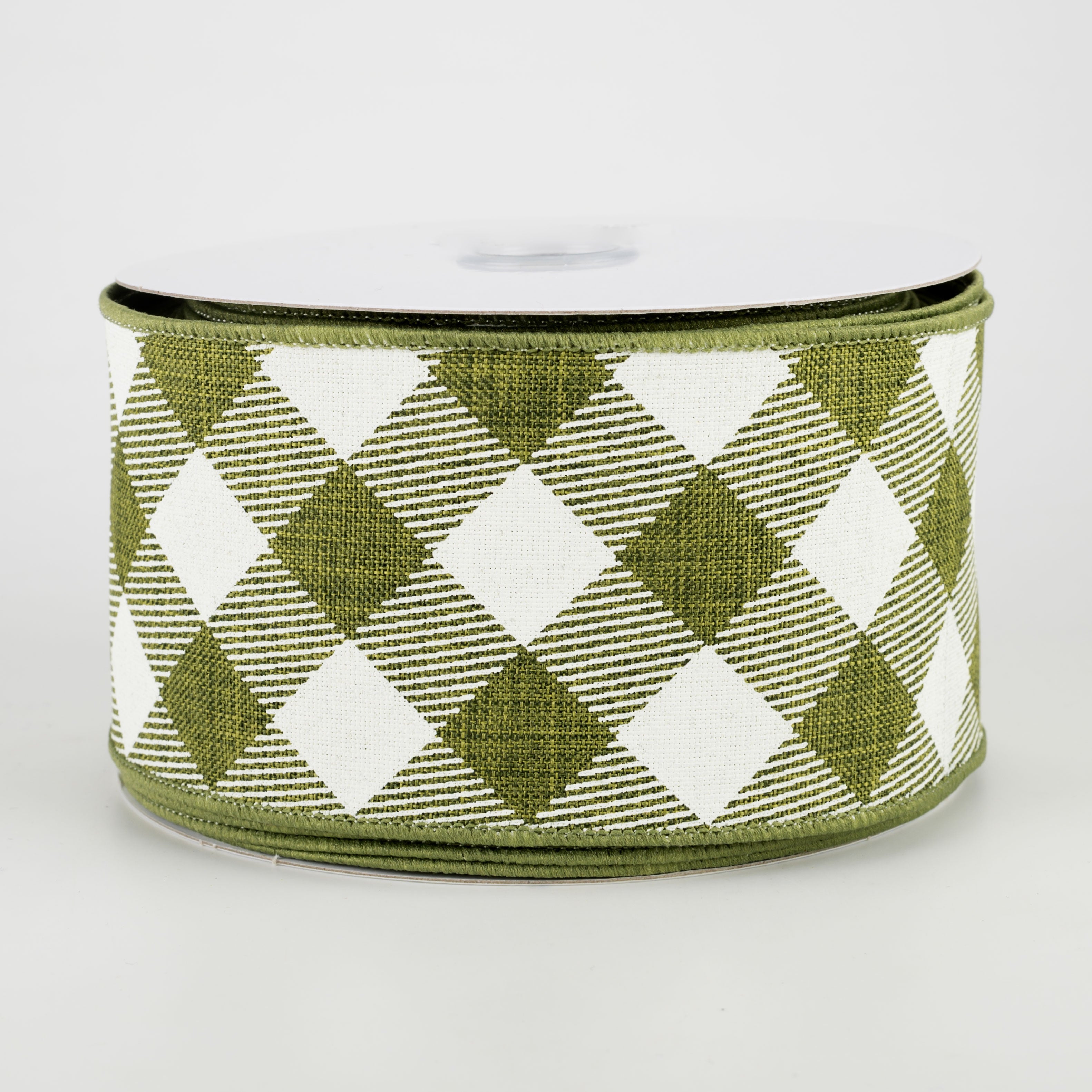 2.5" Diagonal Check Ribbon: Moss Green & Ivory (10 Yards)