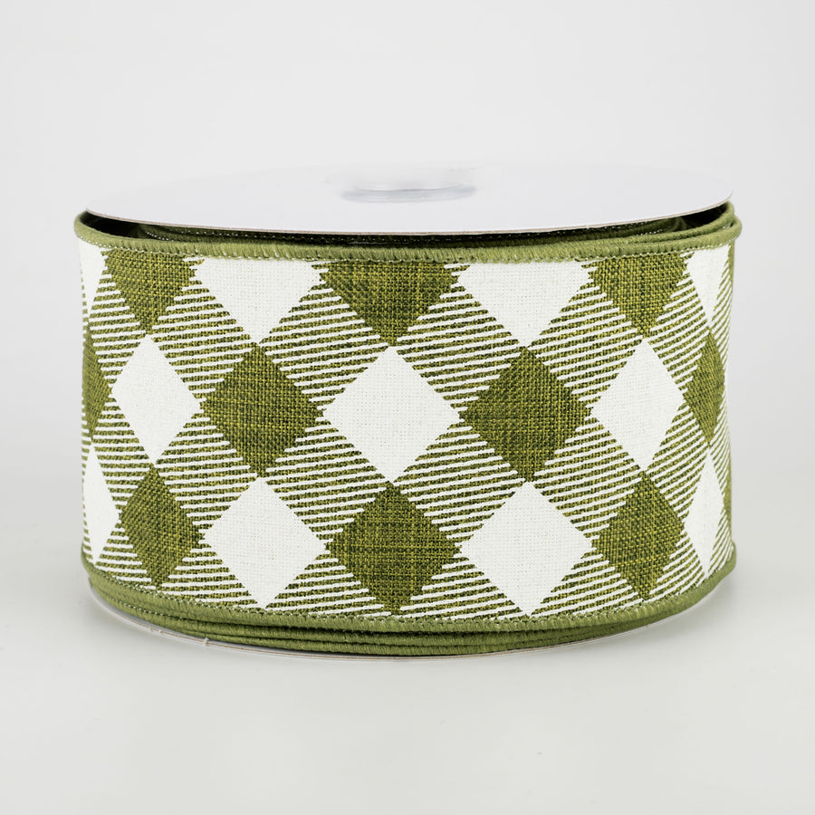 2.5" Diagonal Check Ribbon: Moss Green & Ivory (10 Yards)