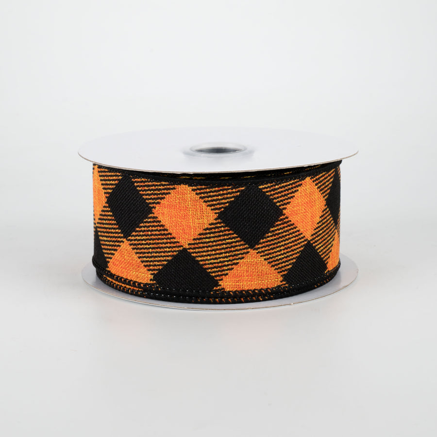 1.5" Diagonal Check Ribbon: Orange & Black (10 Yards)