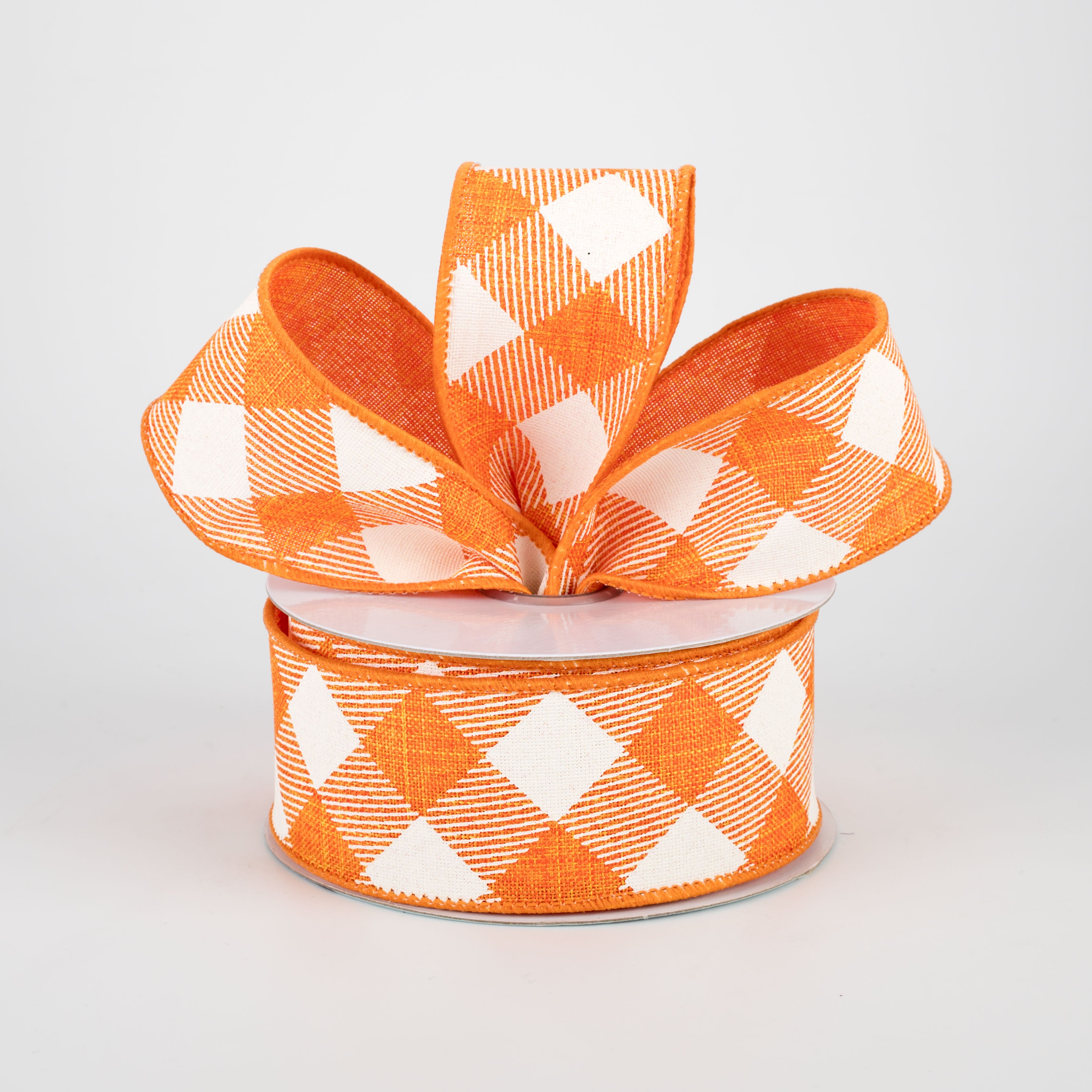 1.5" Diagonal Check Ribbon: Orange & Ivory (10 Yards) Lifestyle Photo
