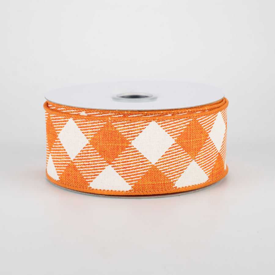1.5" Diagonal Check Ribbon: Orange & Ivory (10 Yards)