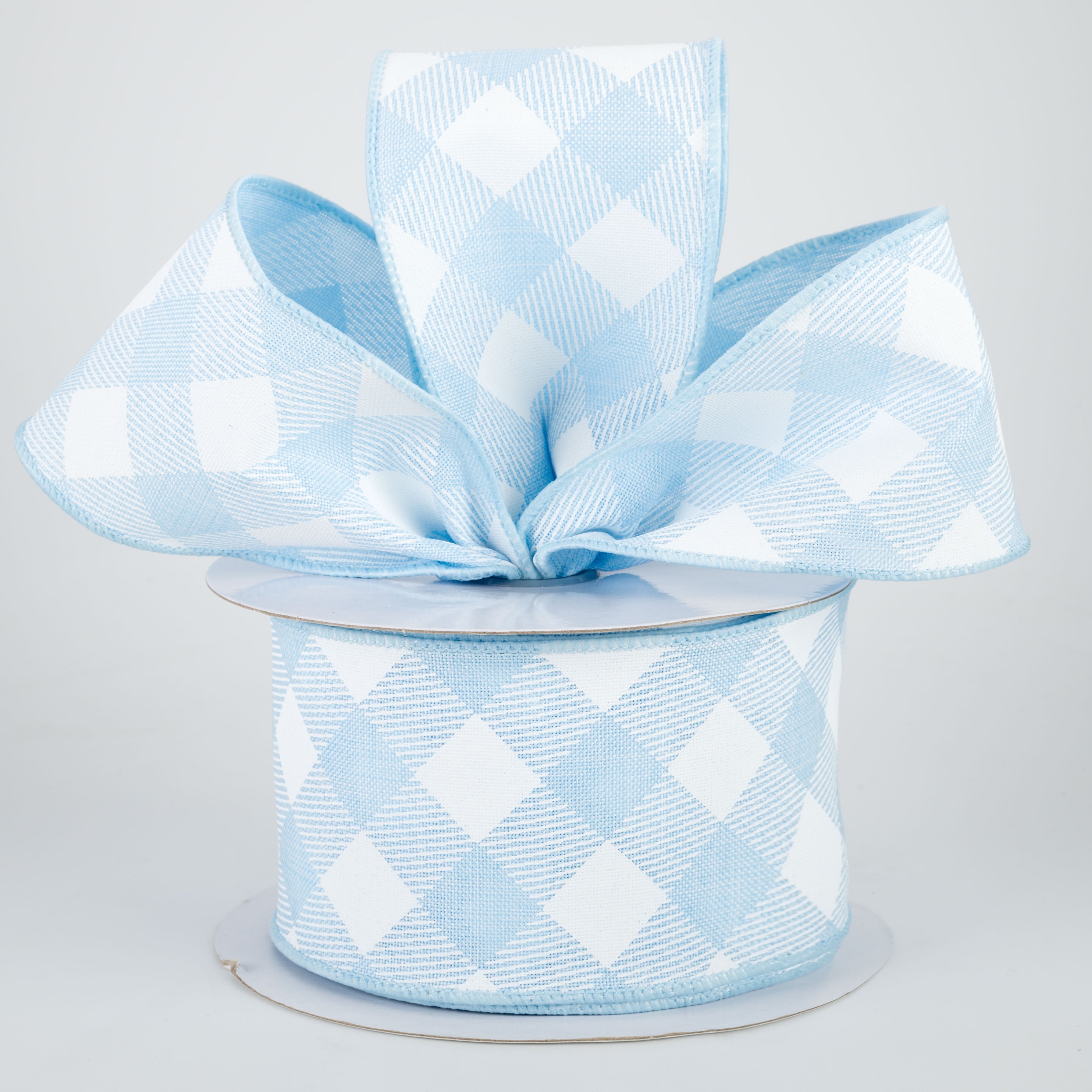 2.5" Diagonal Check Ribbon: Pale Blue & White (10 Yards) Lifestyle Photo