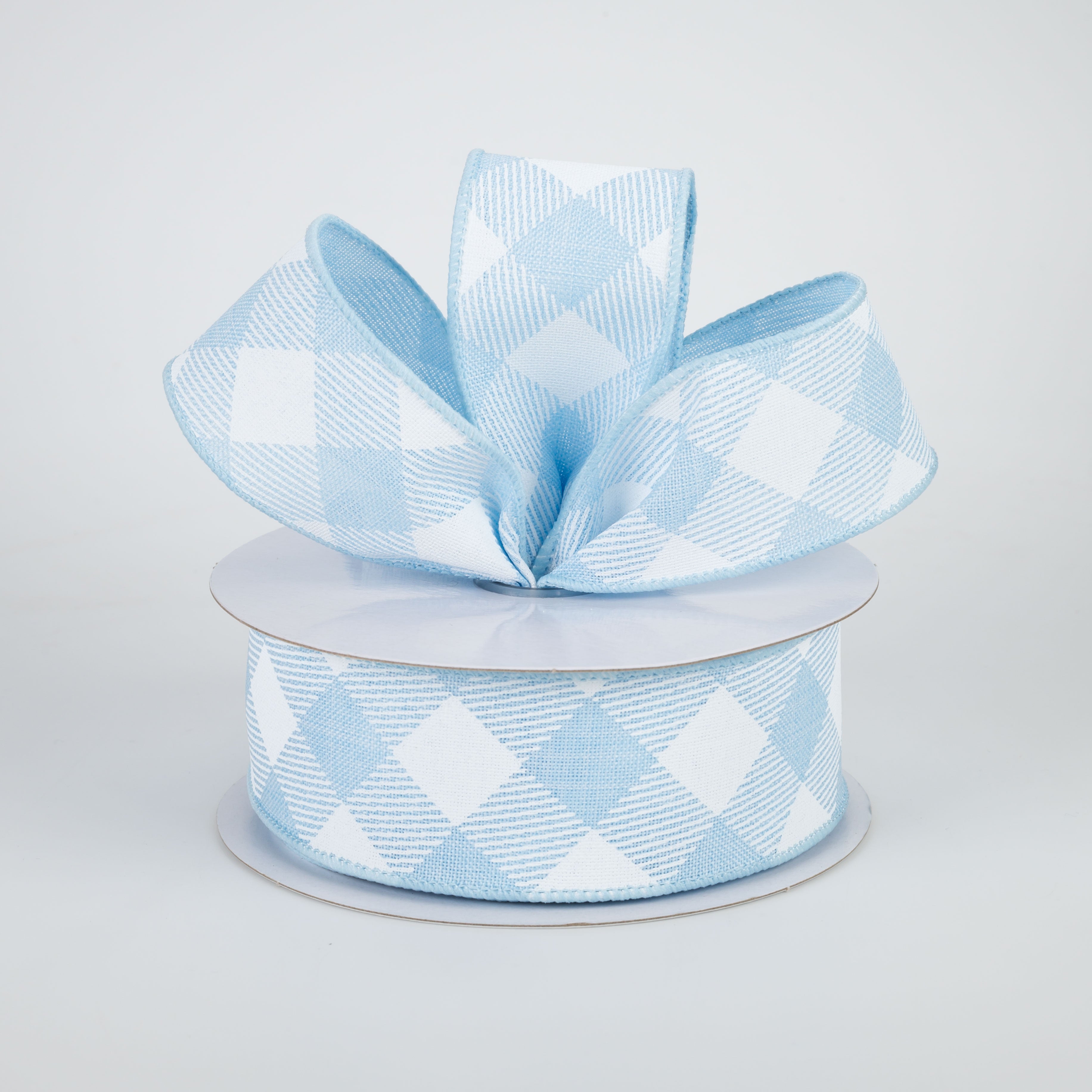 1.5" Diagonal Check Ribbon: Pale Blue & White (10 Yards) Lifestyle Photo