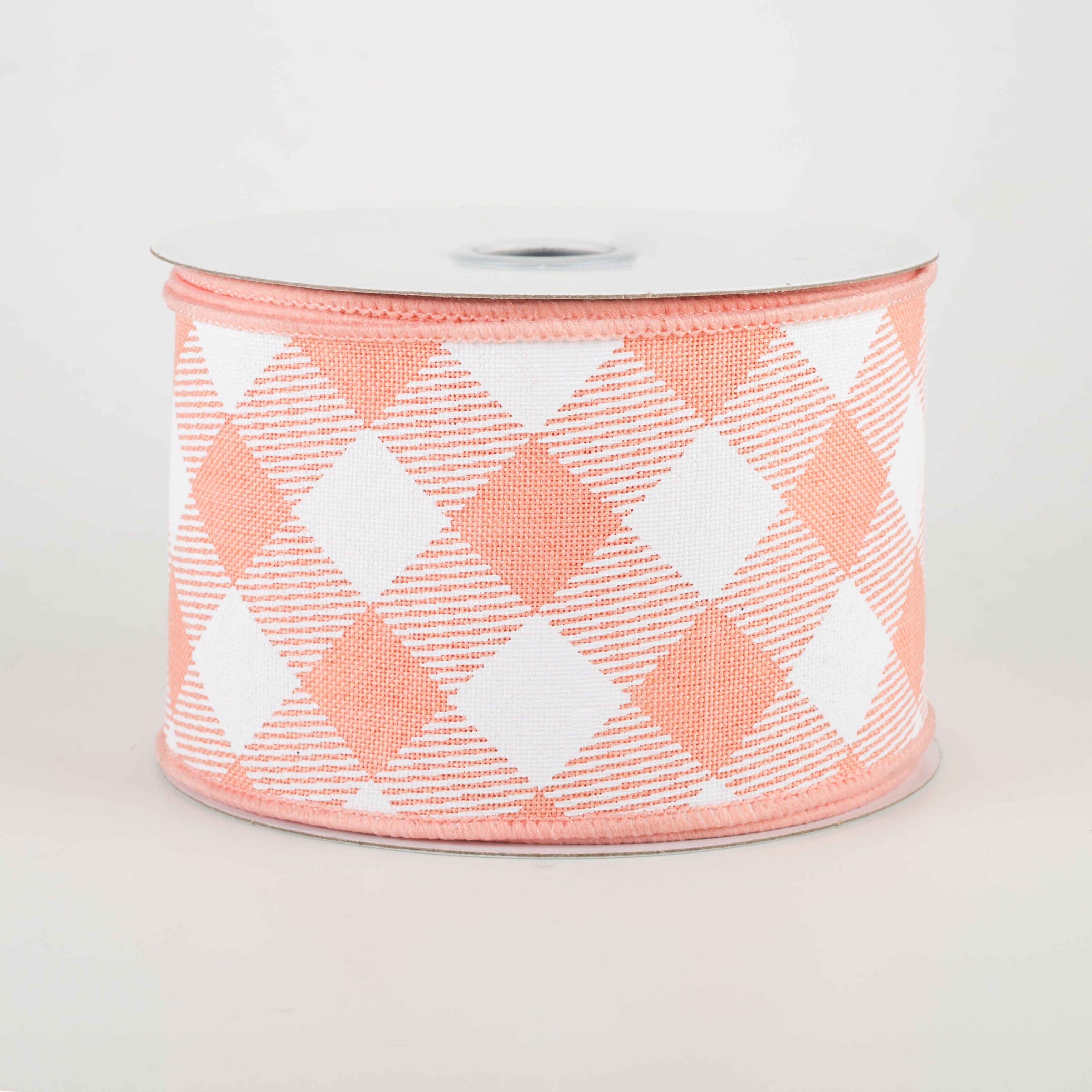 2.5" Diagonal Check Ribbon: Peach & White (10 Yards)