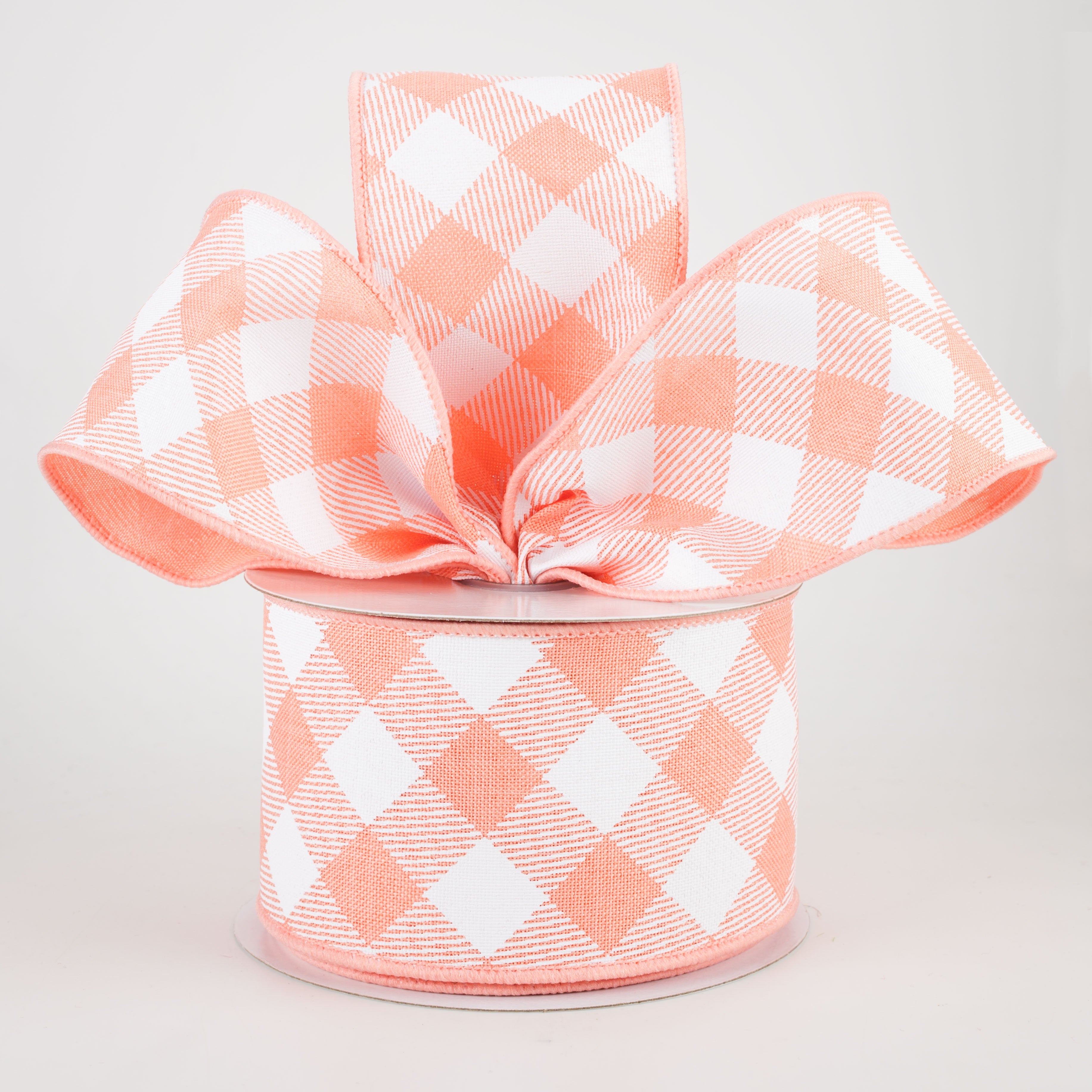 2.5" Diagonal Check Ribbon: Peach & White (10 Yards) Lifestyle Photo
