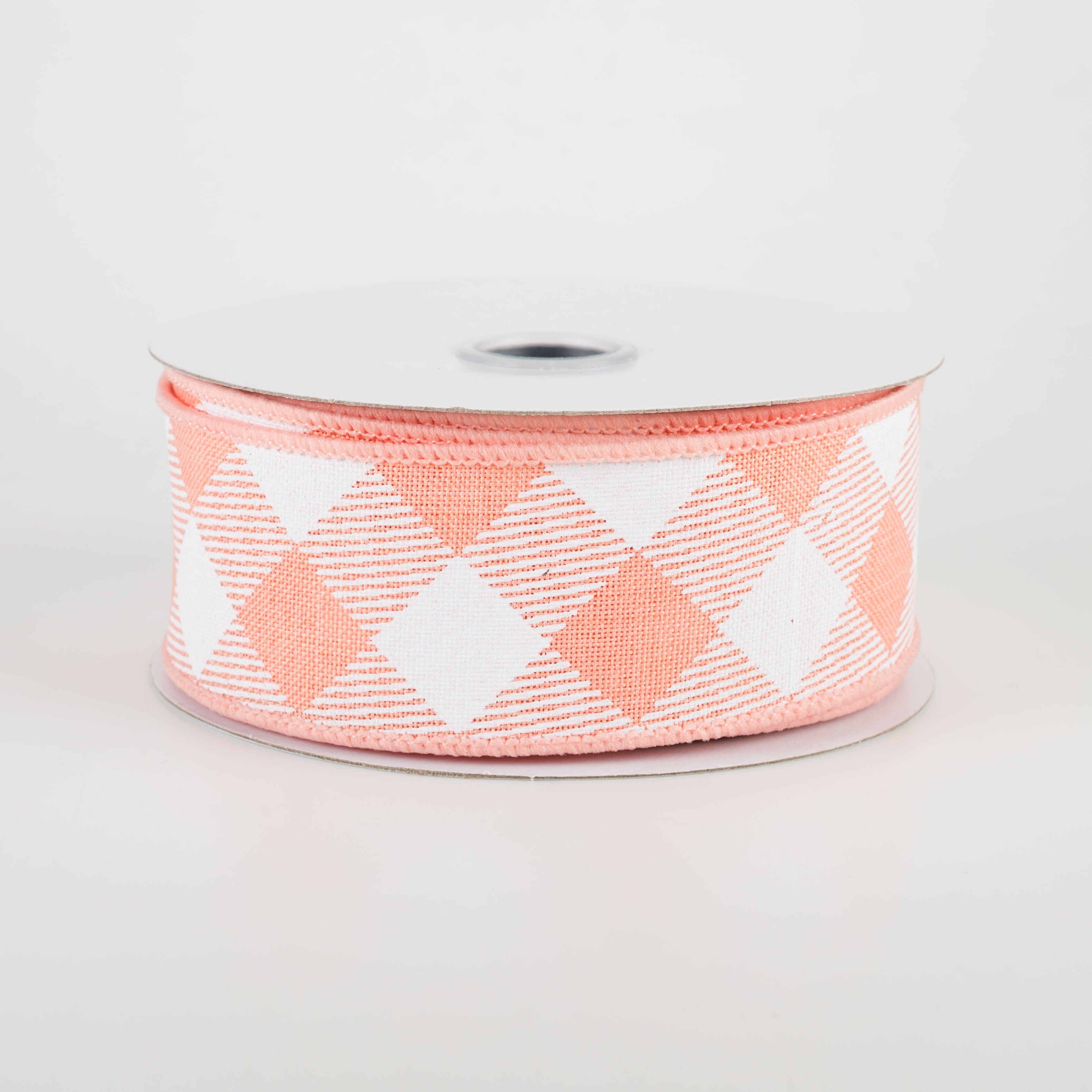 1.5" Diagonal Check Ribbon: Peach & White (10 Yards)