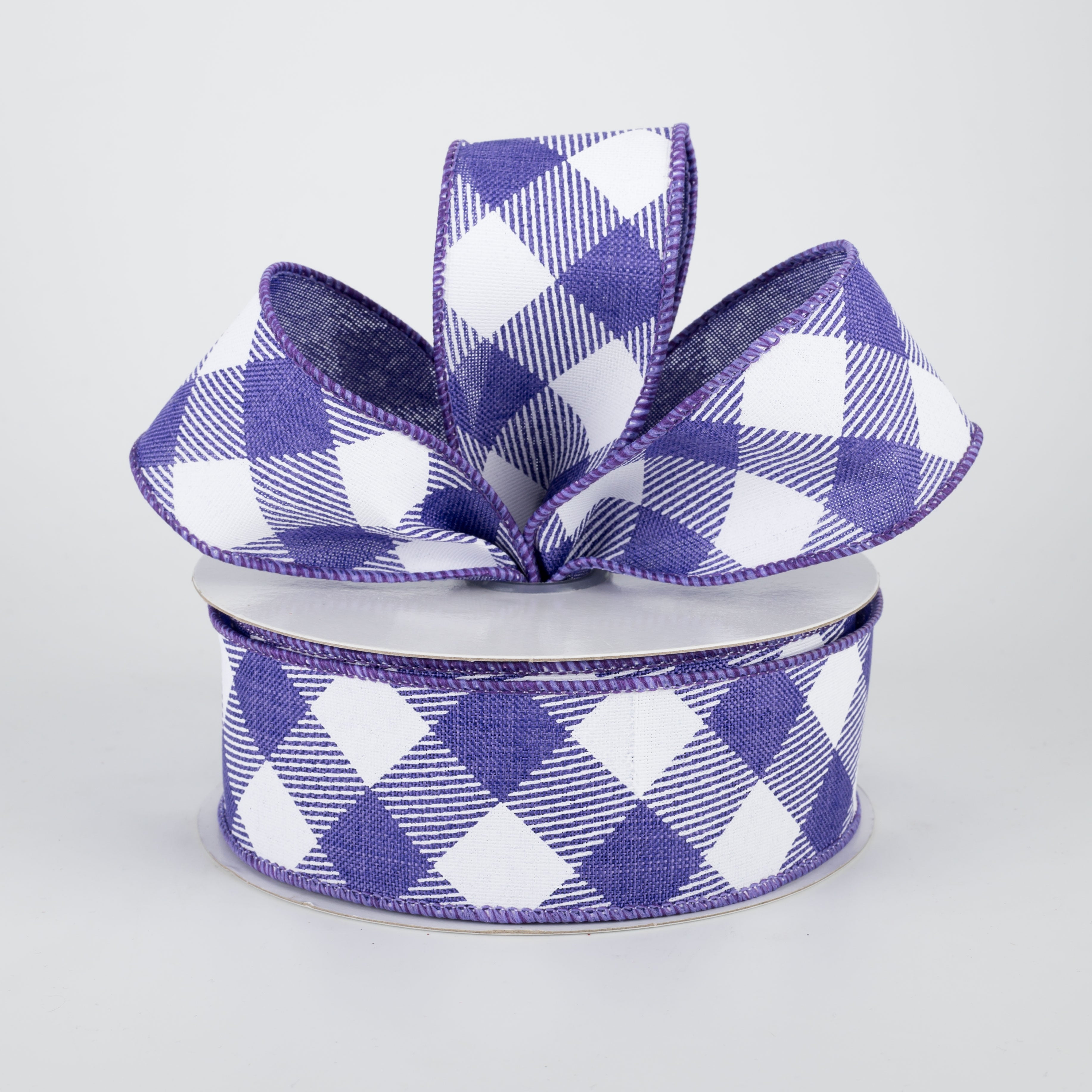 1.5" Diagonal Check Ribbon: Purple & White (10 Yards) Lifestyle Photo