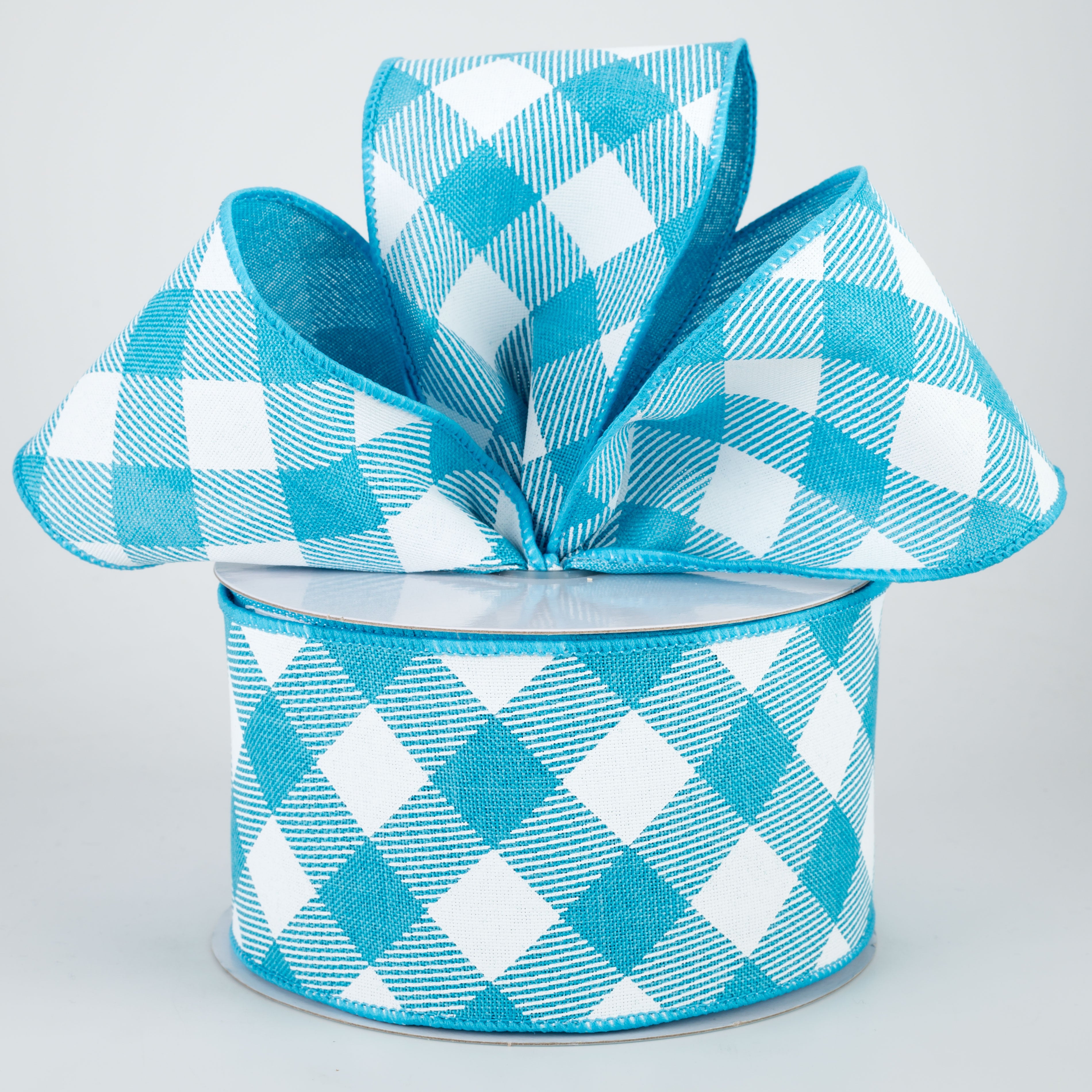 2.5" Diagonal Check Ribbon: Turquoise & White (10 Yards) Lifestyle Photo