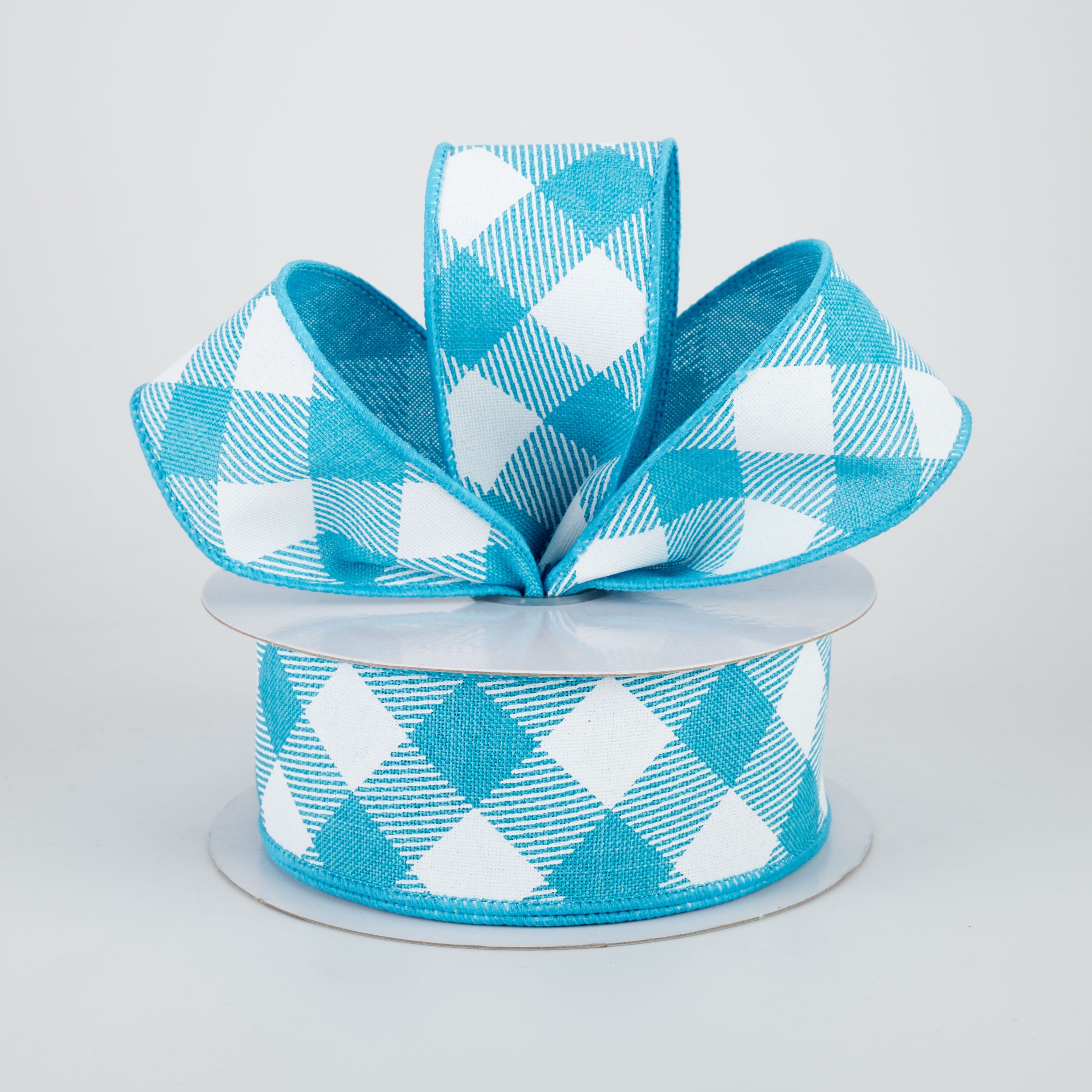 1.5" Diagonal Check Ribbon: Turquoise & White (10 Yards) Lifestyle Photo