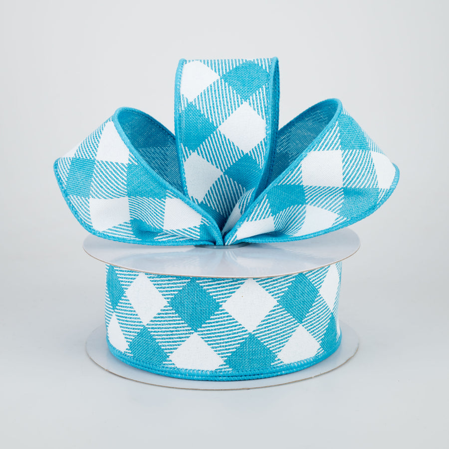 1.5" Diagonal Check Ribbon: Turquoise & White (10 Yards) Lifestyle Photo