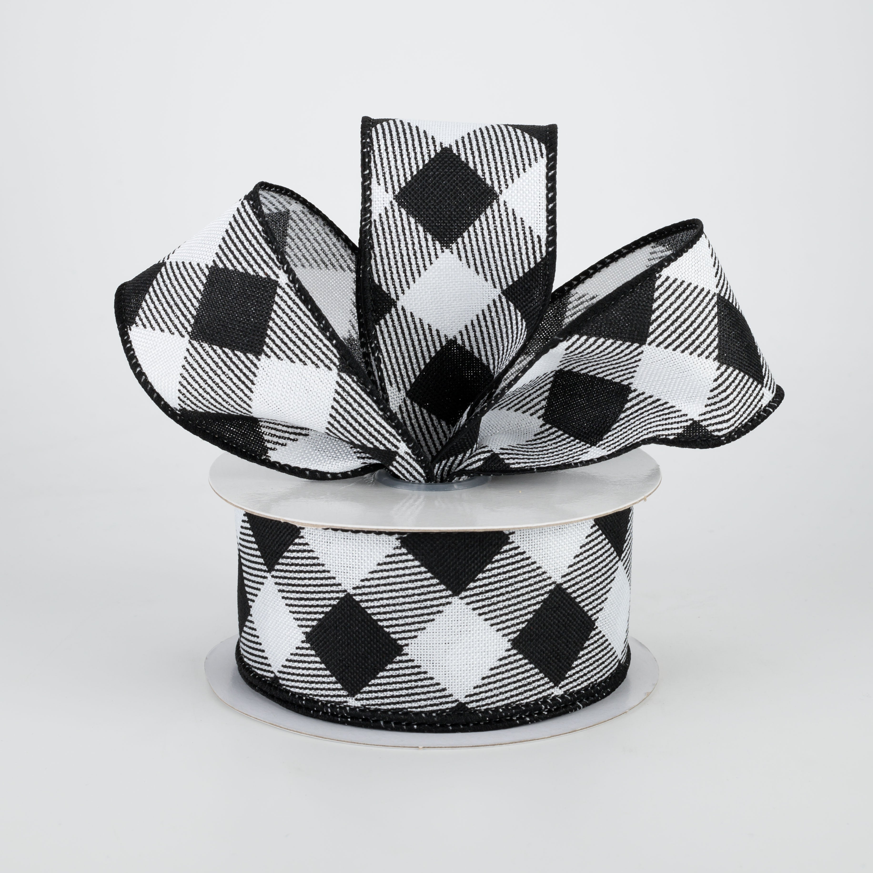 1.5" Diagonal Check Ribbon: White & Black (10 Yards) Lifestyle Photo