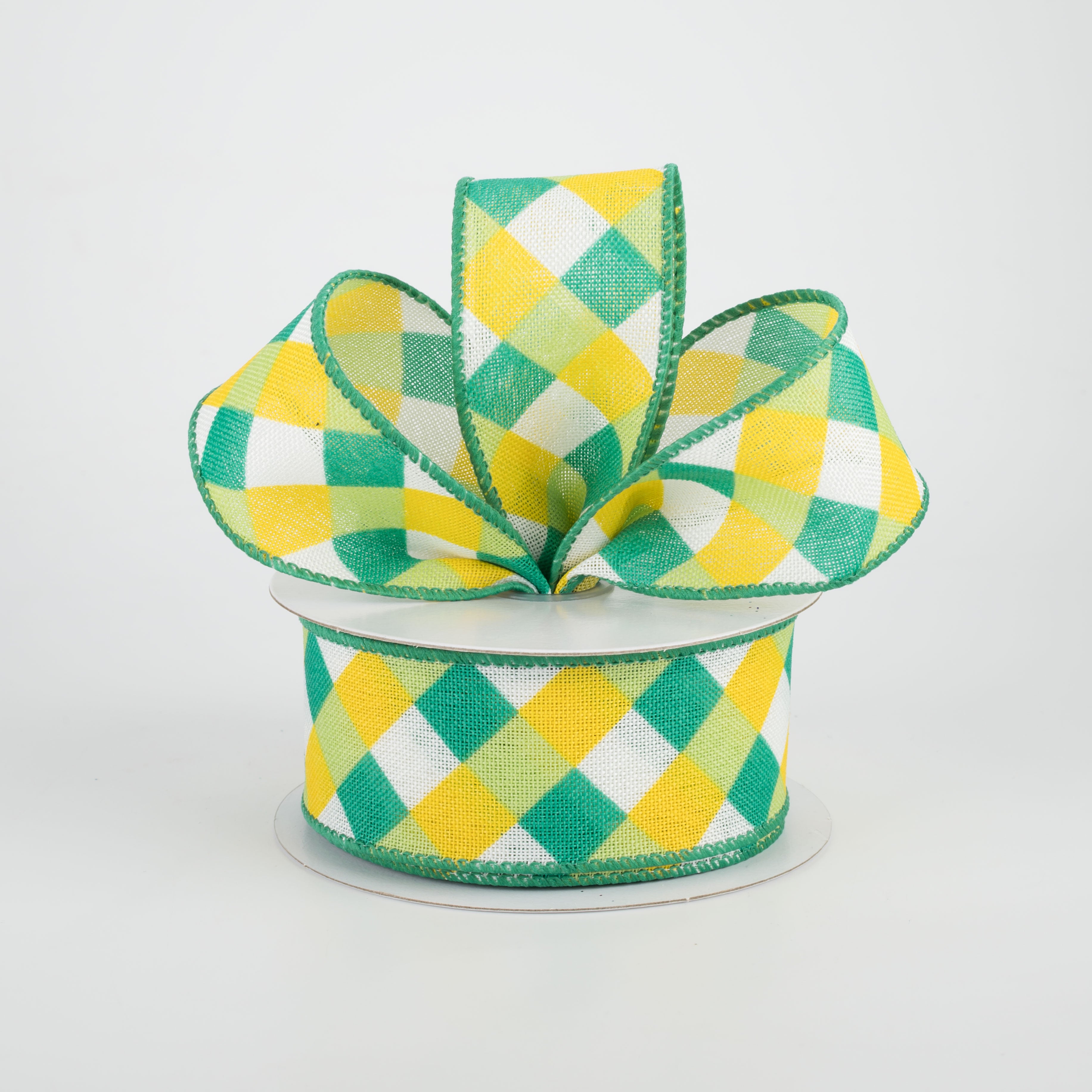 1.5" Diagonal Crossed Plaid Ribbon: Green & Yellow (10 Yards) Lifestyle Photo