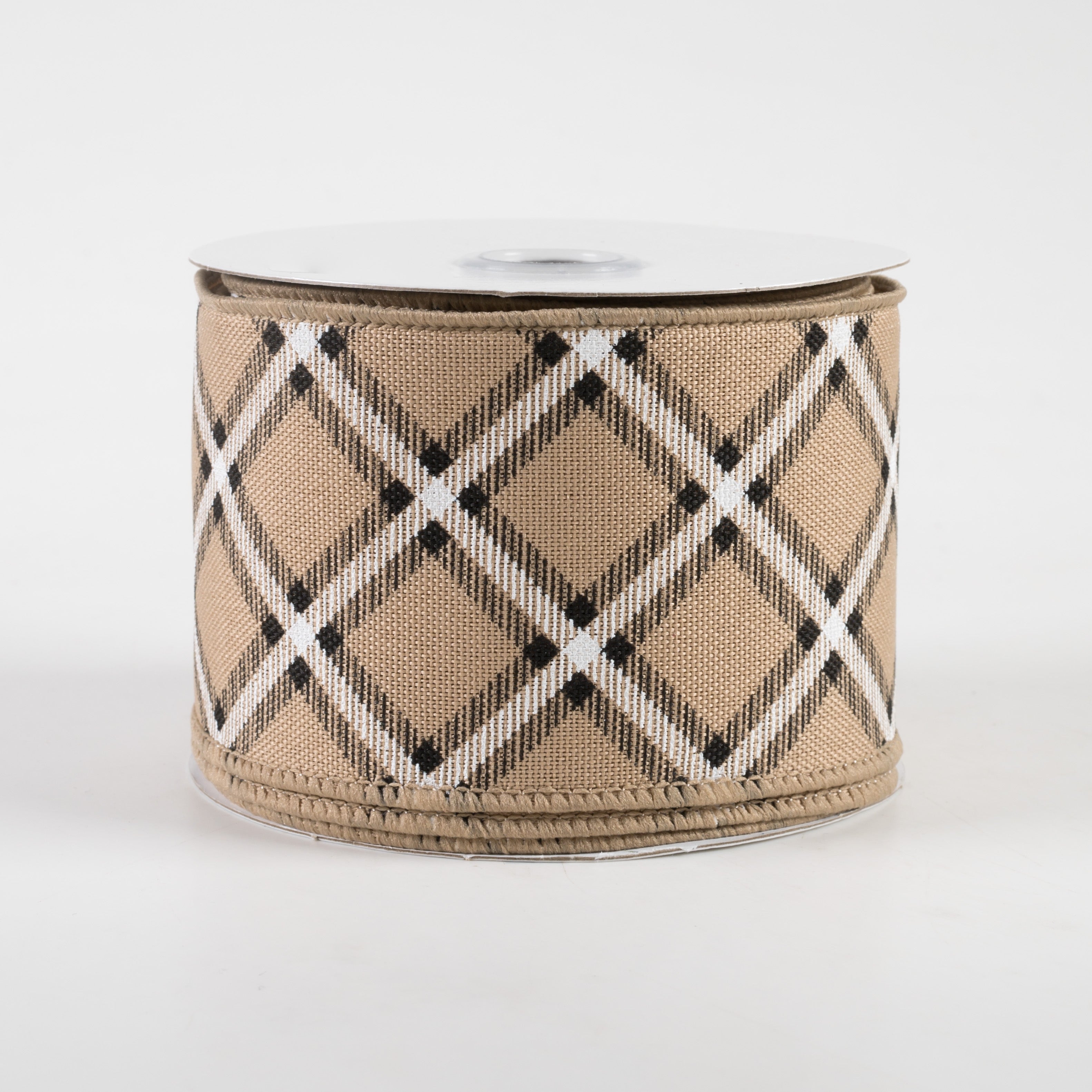 2.5" Diagonal Dash Check Ribbon: Beige, Black, White (10 Yards)