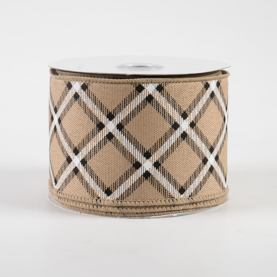 2.5" Diagonal Dash Check Ribbon: Beige, Black, White (10 Yards)