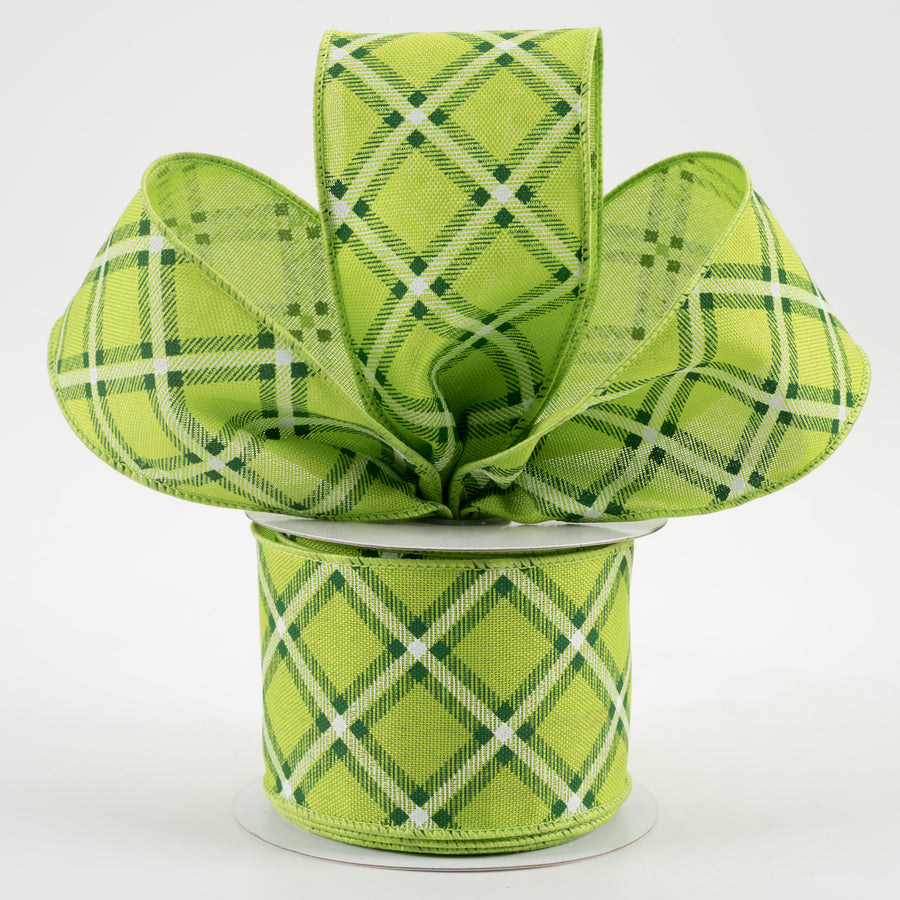 2.5" Diagonal Dash Check Ribbon: Fresh Green, Emerald, White (10 Yards) Lifestyle Photo