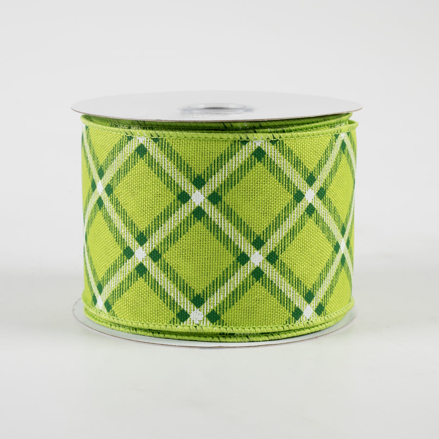 2.5" Diagonal Dash Check Ribbon: Fresh Green, Emerald, White (10 Yards)