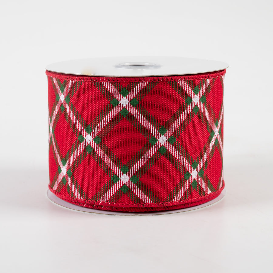 2.5" Diagonal Dash Check Ribbon: Red, Emerald Green, White (10 Yards)