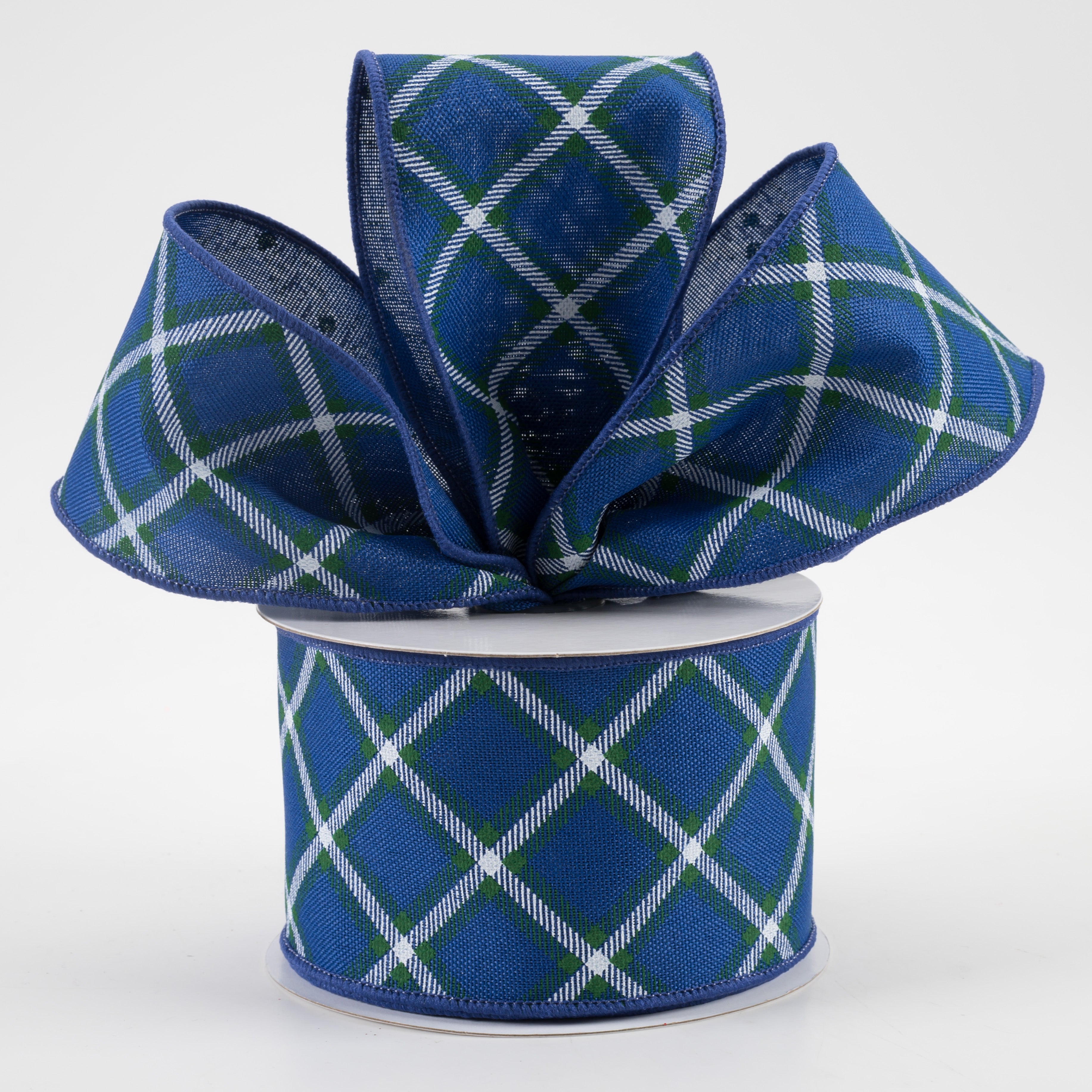 2.5" Diagonal Dash Check Ribbon: Royal Blue, Emerald, White (10 Yards) Lifestyle Photo