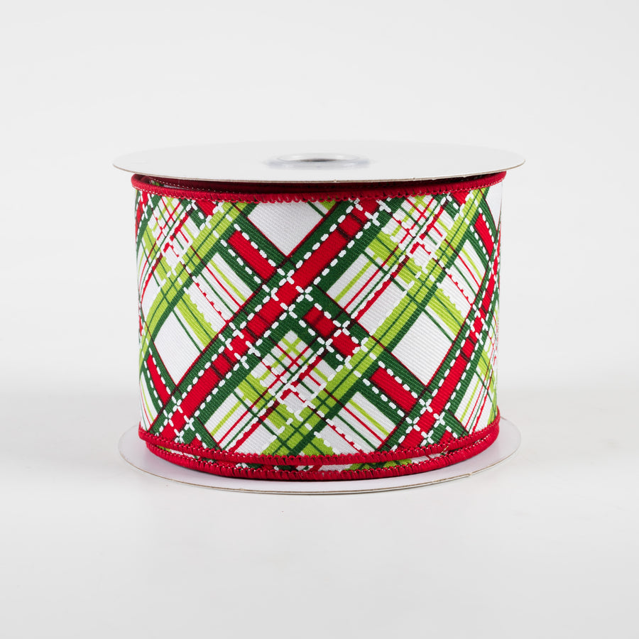 2.5" Diagonal Dash Plaid Ribbon: White, Lime, Emerald, Red (10 Yards)