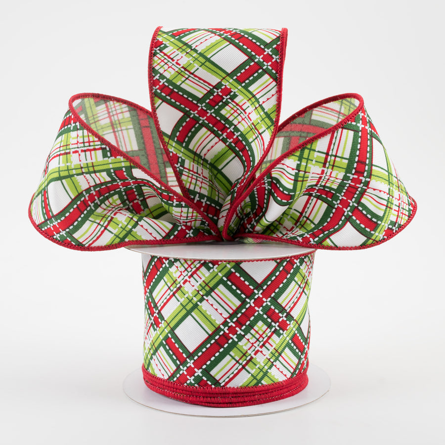 2.5" Diagonal Dash Plaid Ribbon: White, Lime, Emerald, Red (10 Yards) Lifestyle Photo