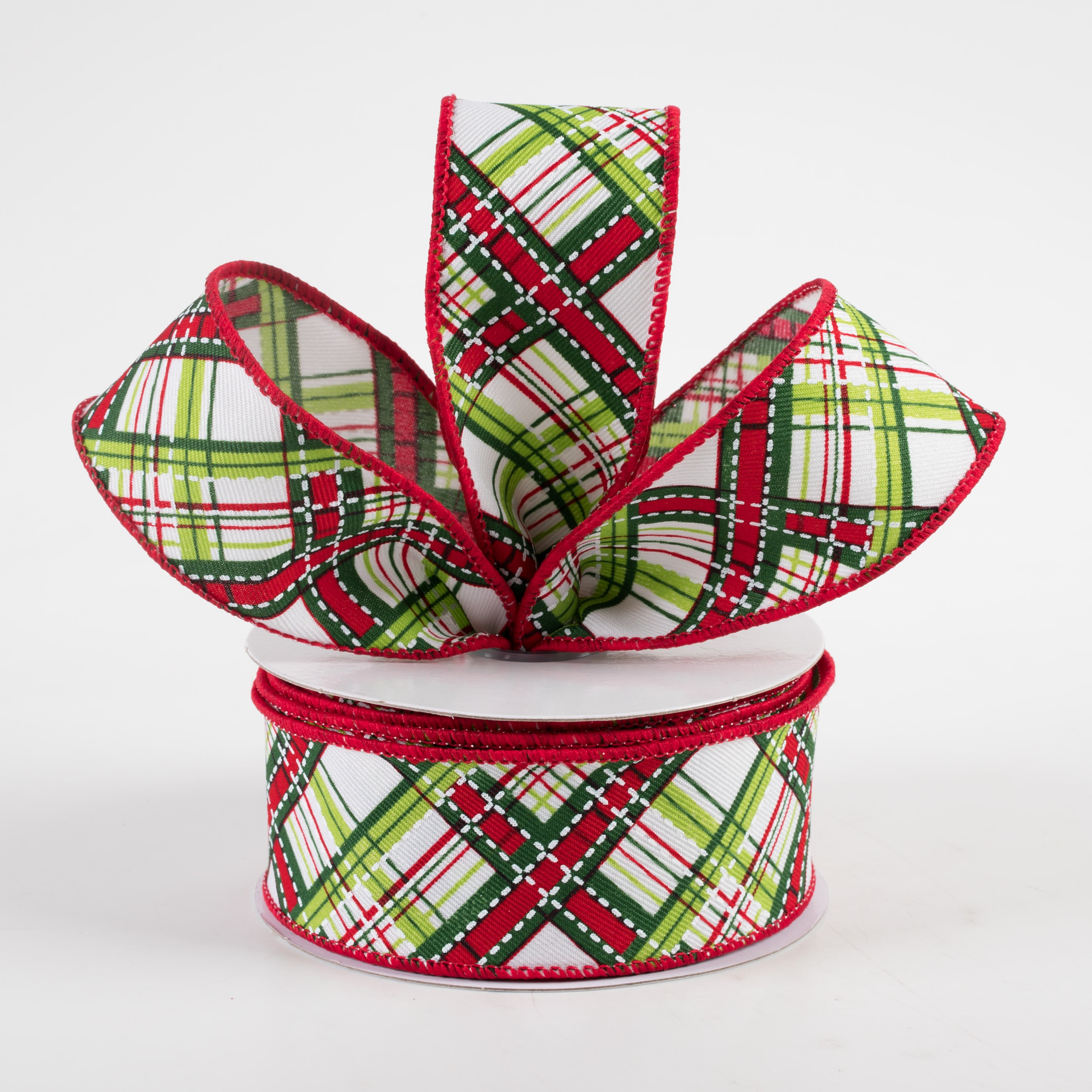 1.5" Diagonal Dash Plaid Ribbon: White, Lime, Emerald, Red (10 Yards) Lifestyle Photo