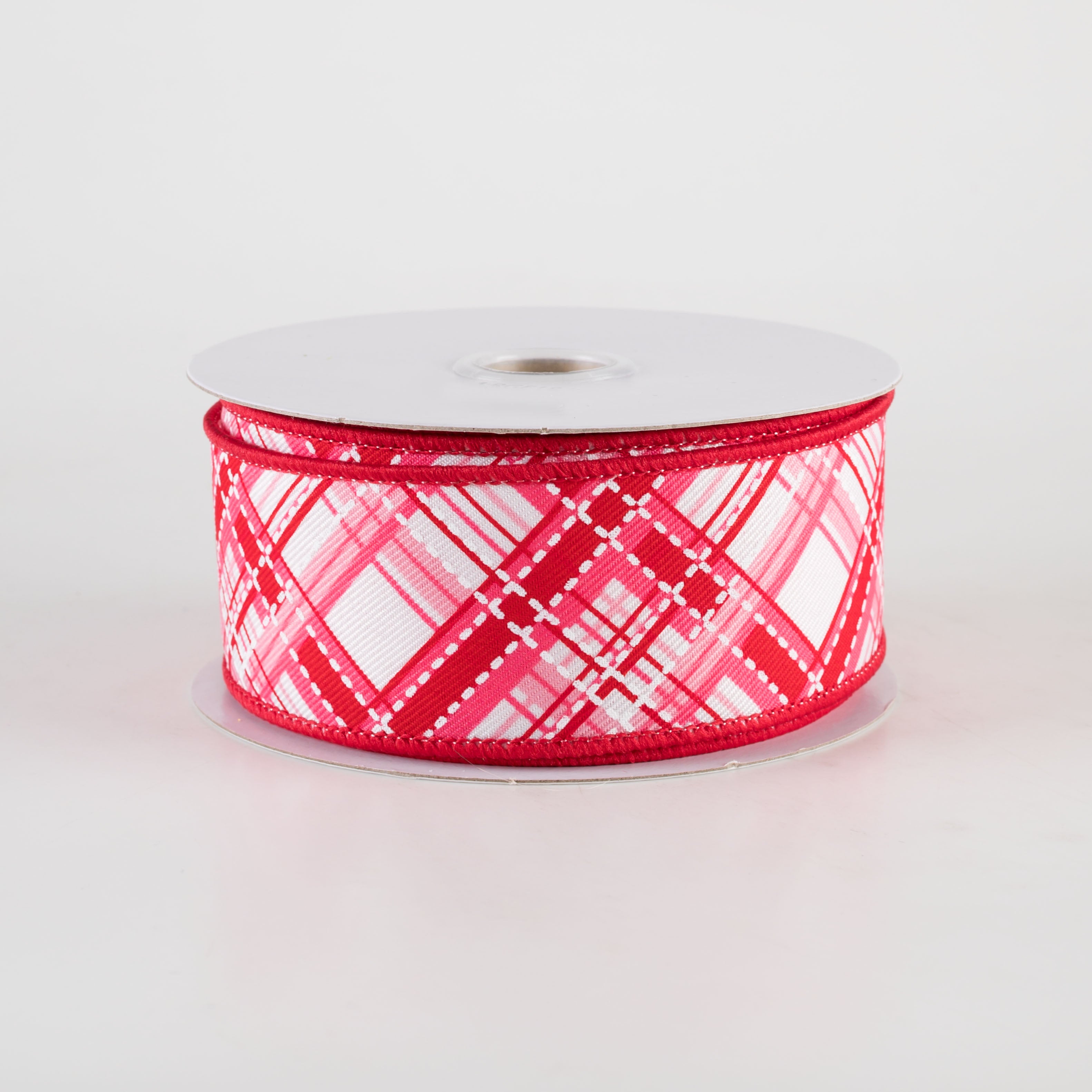 1.5" Diagonal Dash Plaid Ribbon: White, Pinks, Red (10 Yards)