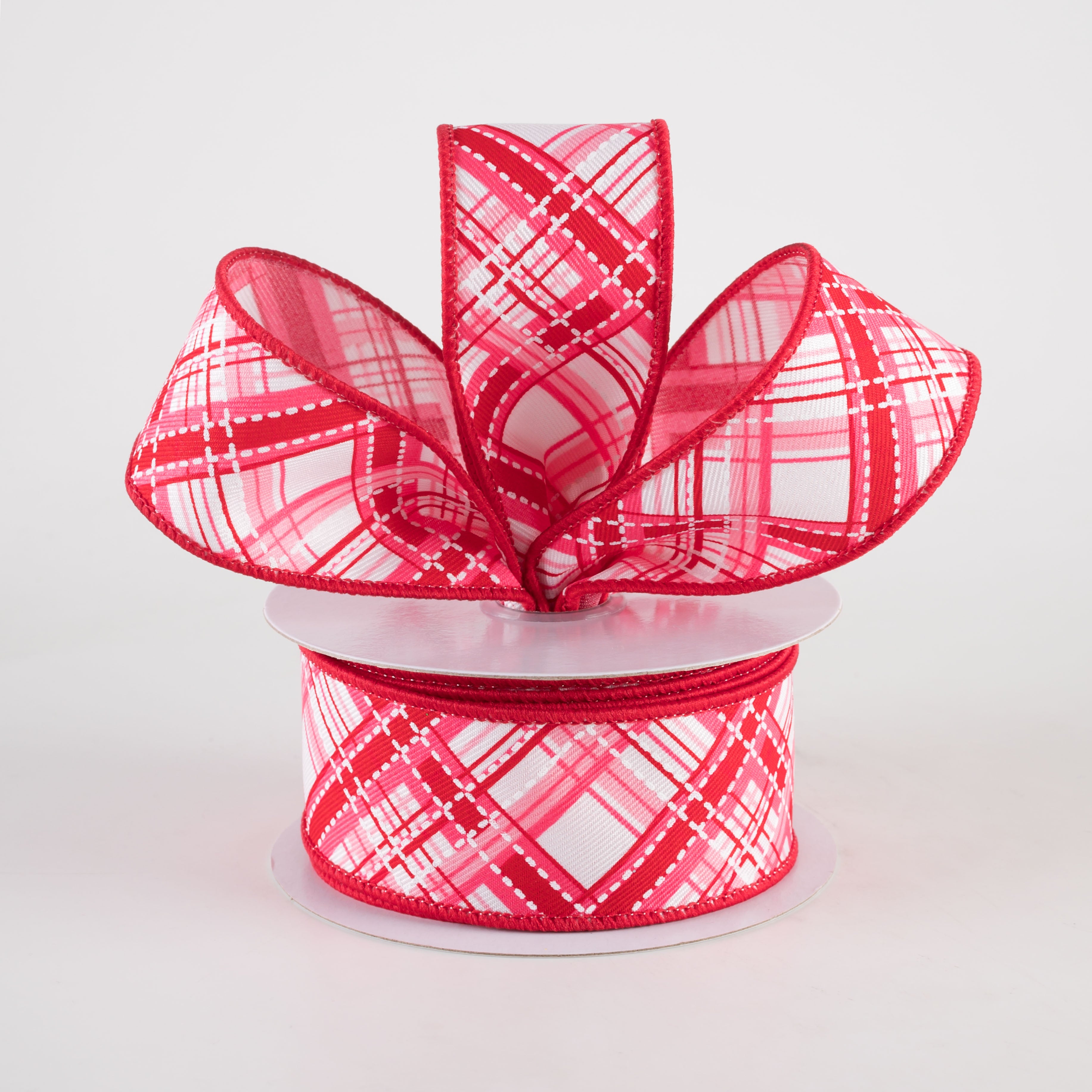 1.5" Diagonal Dash Plaid Ribbon: White, Pinks, Red (10 Yards) Lifestyle Photo