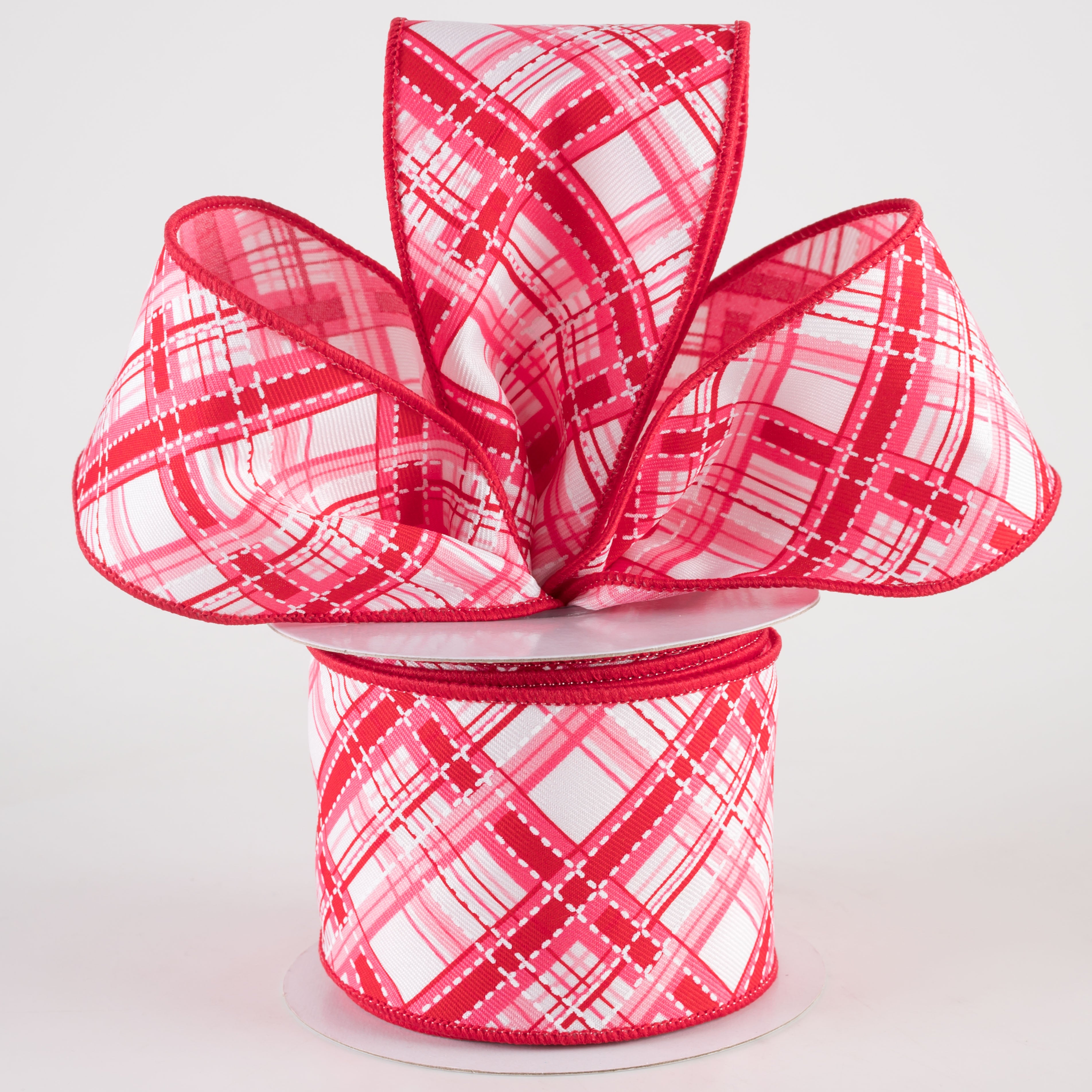 2.5" Diagonal Dash Plaid Ribbon: White, Pinks, Red (10 Yards) Lifestyle Photo