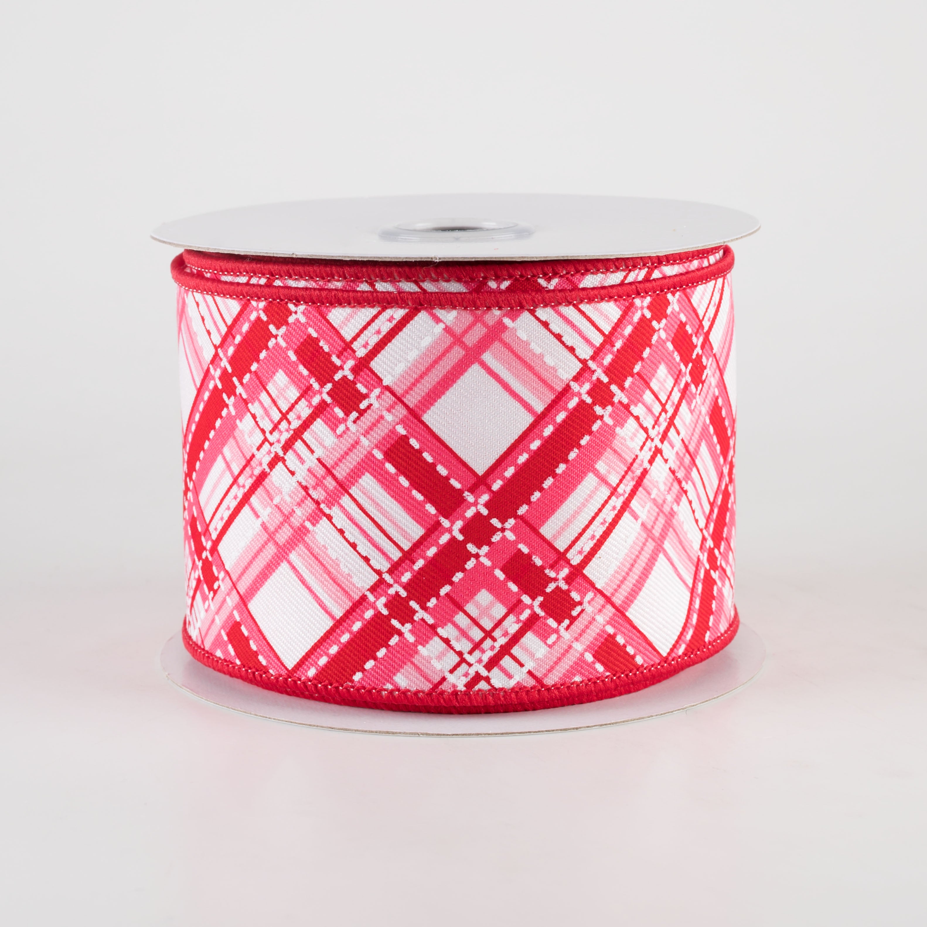 2.5" Diagonal Dash Plaid Ribbon: White, Pinks, Red (10 Yards)
