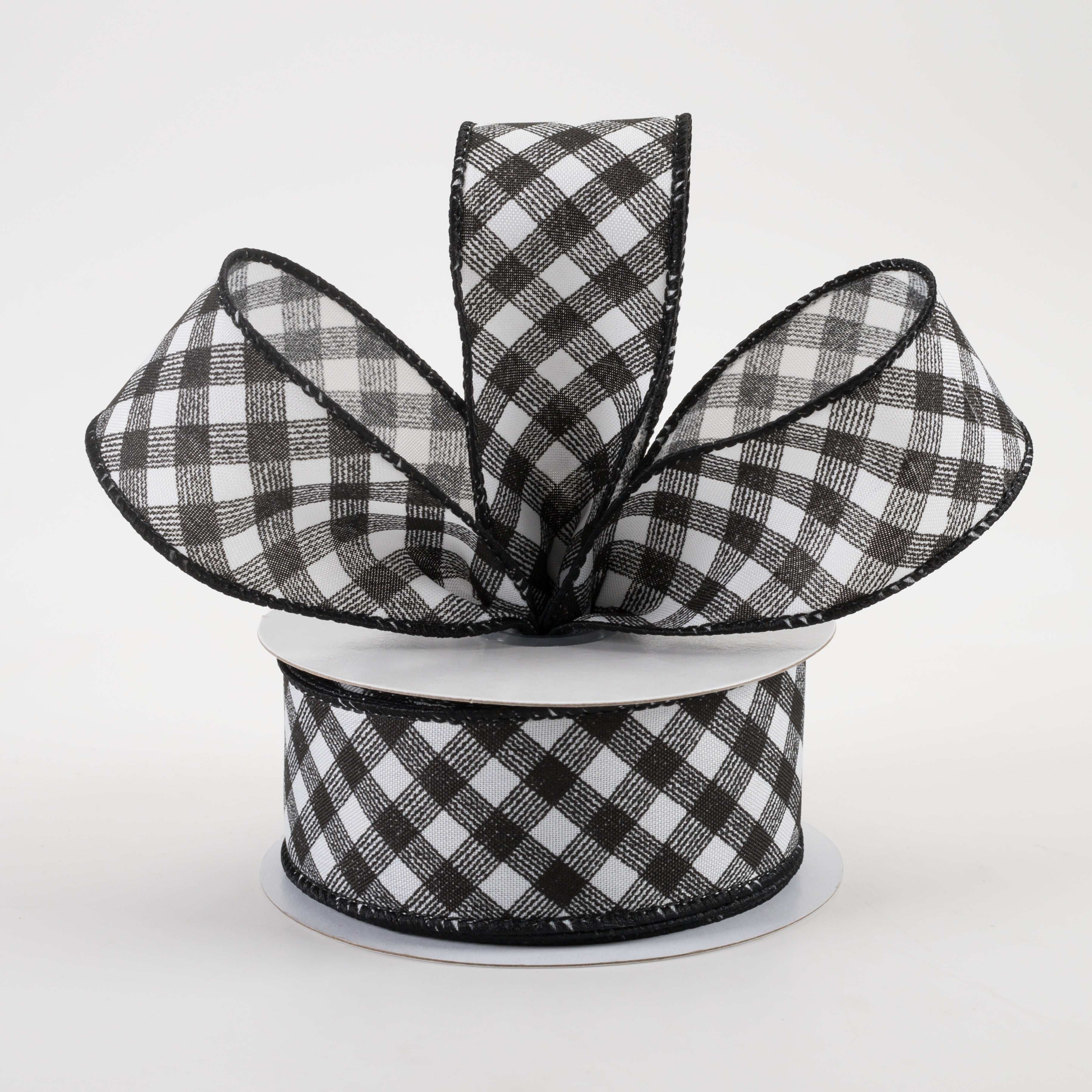 1.5" Diagonal Gingham Pattern Ribbon: White & Black (10 Yards) Lifestyle Photo