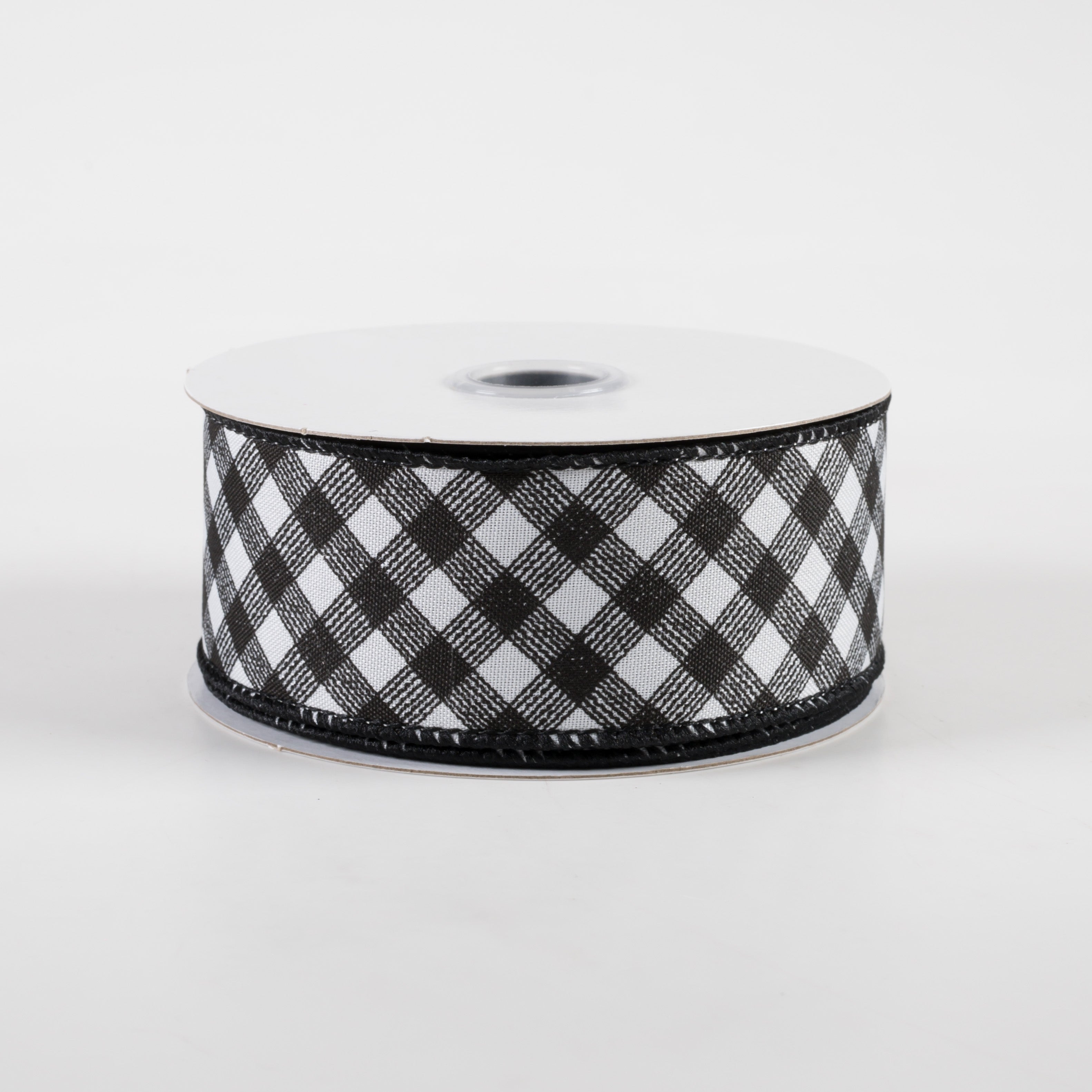 1.5" Diagonal Gingham Pattern Ribbon: White & Black (10 Yards)