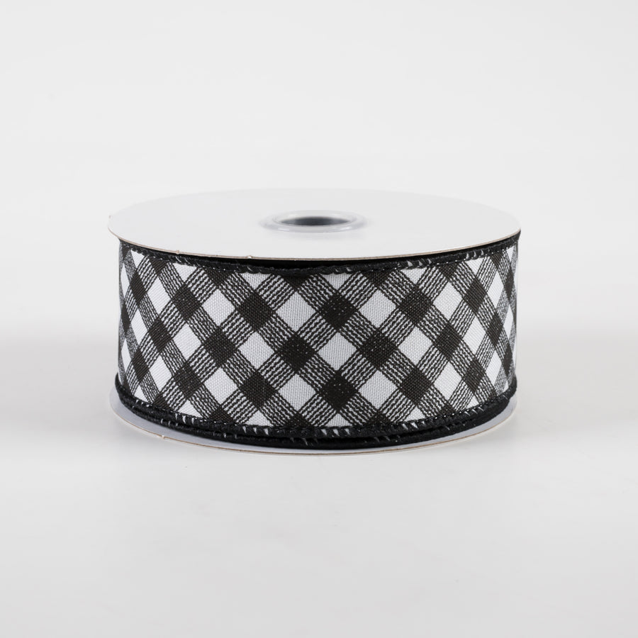 1.5" Diagonal Gingham Pattern Ribbon: White & Black (10 Yards)