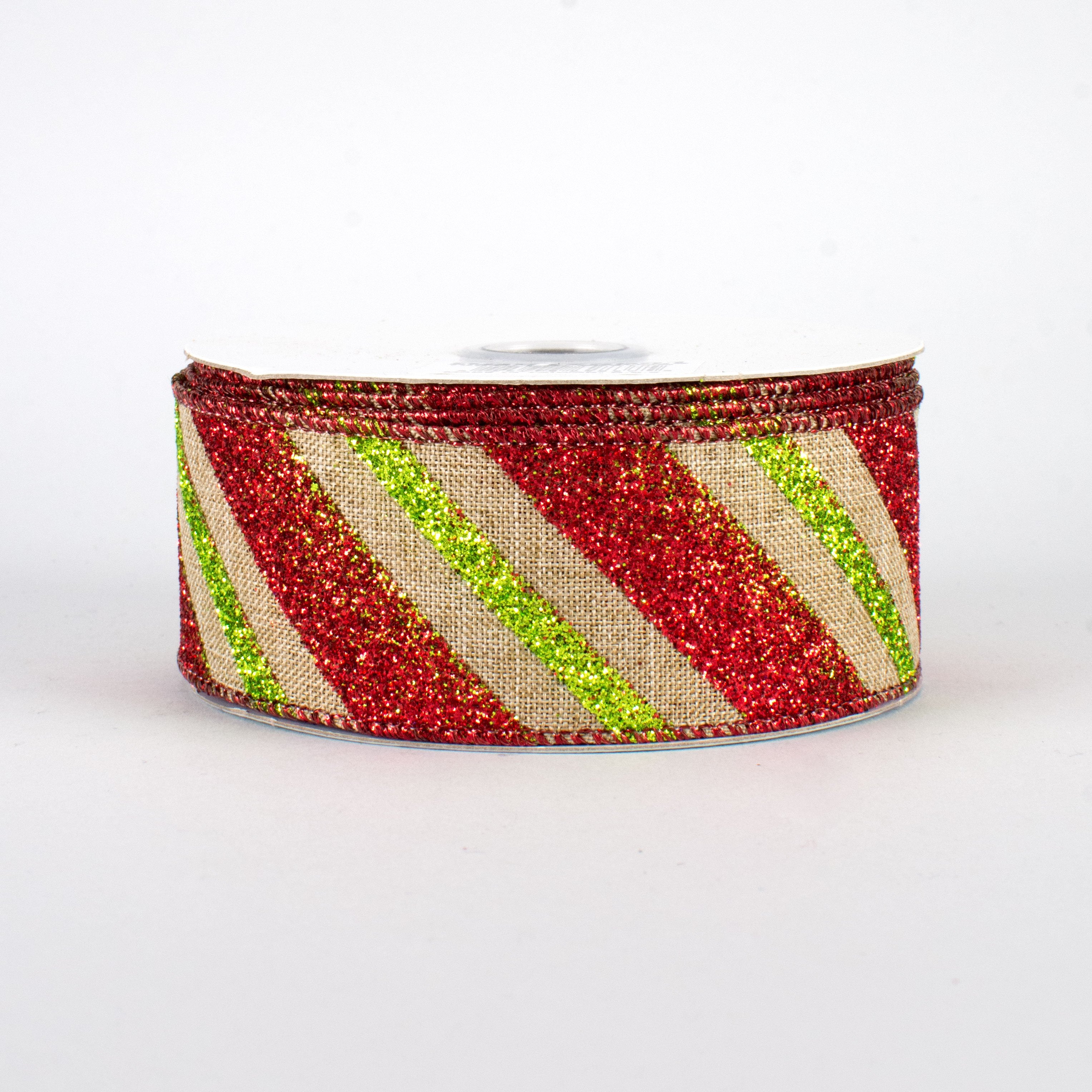 1.5" Diagonal Glitter Stripe Faux Canvas Ribbon: Lime & Red (10 Yards)