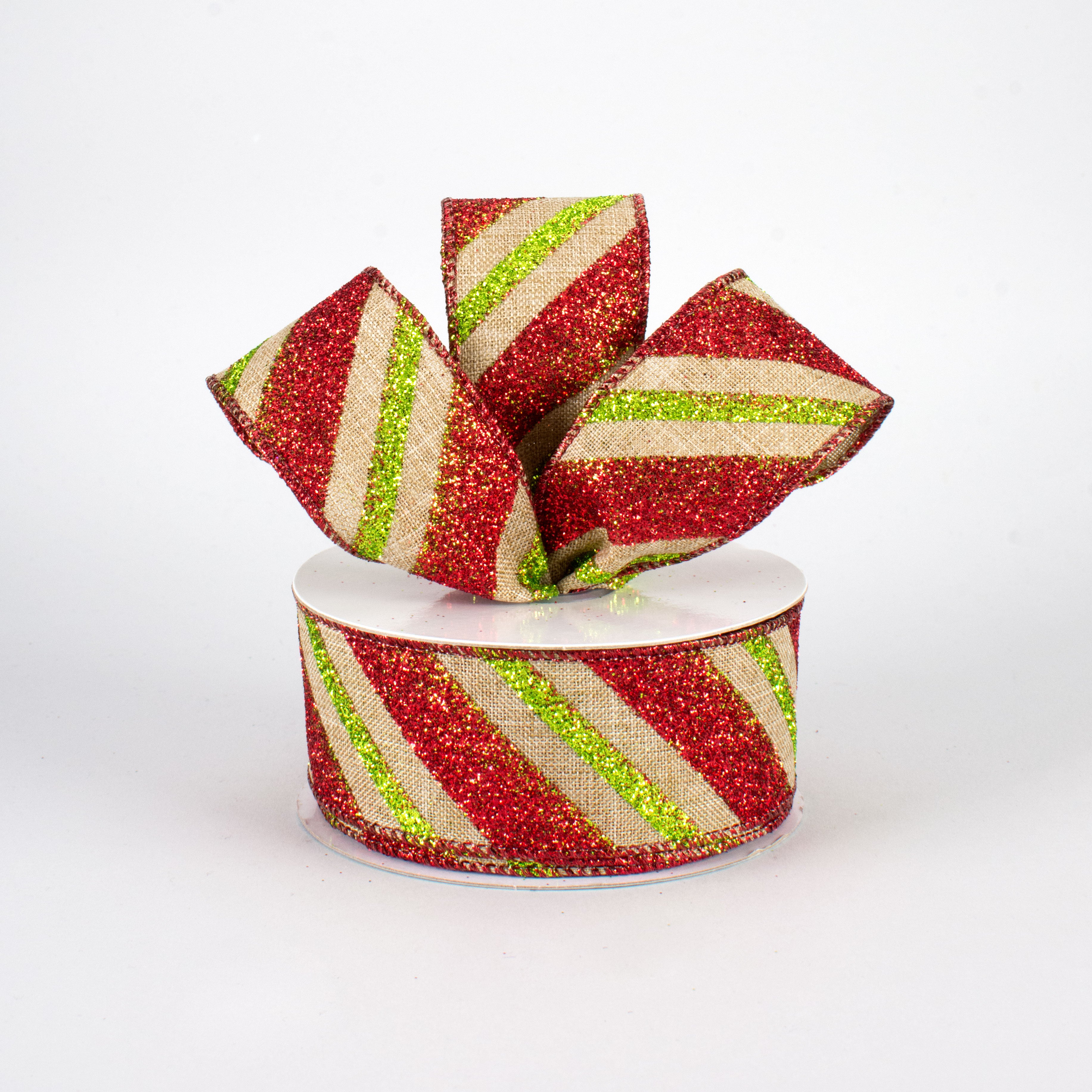 1.5" Diagonal Glitter Stripe Faux Canvas Ribbon: Lime & Red (10 Yards) Lifestyle Photo