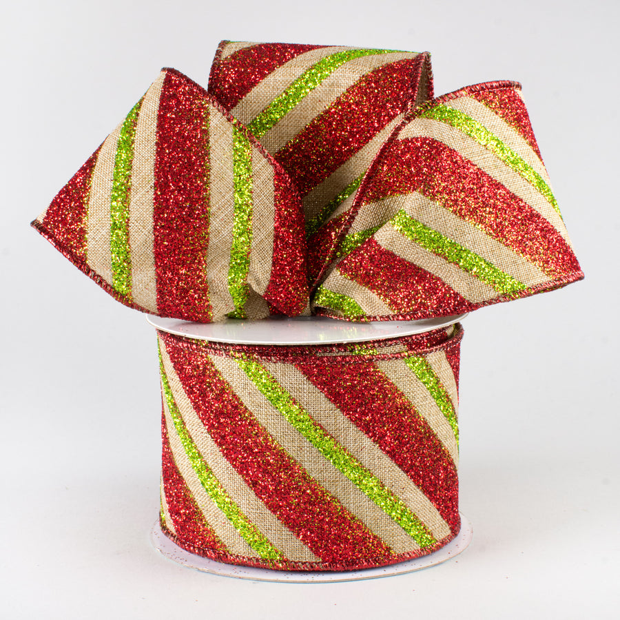 2.5" Diagonal Glitter Stripe Faux Canvas Ribbon: Lime & Red (10 Yards) Lifestyle Photo