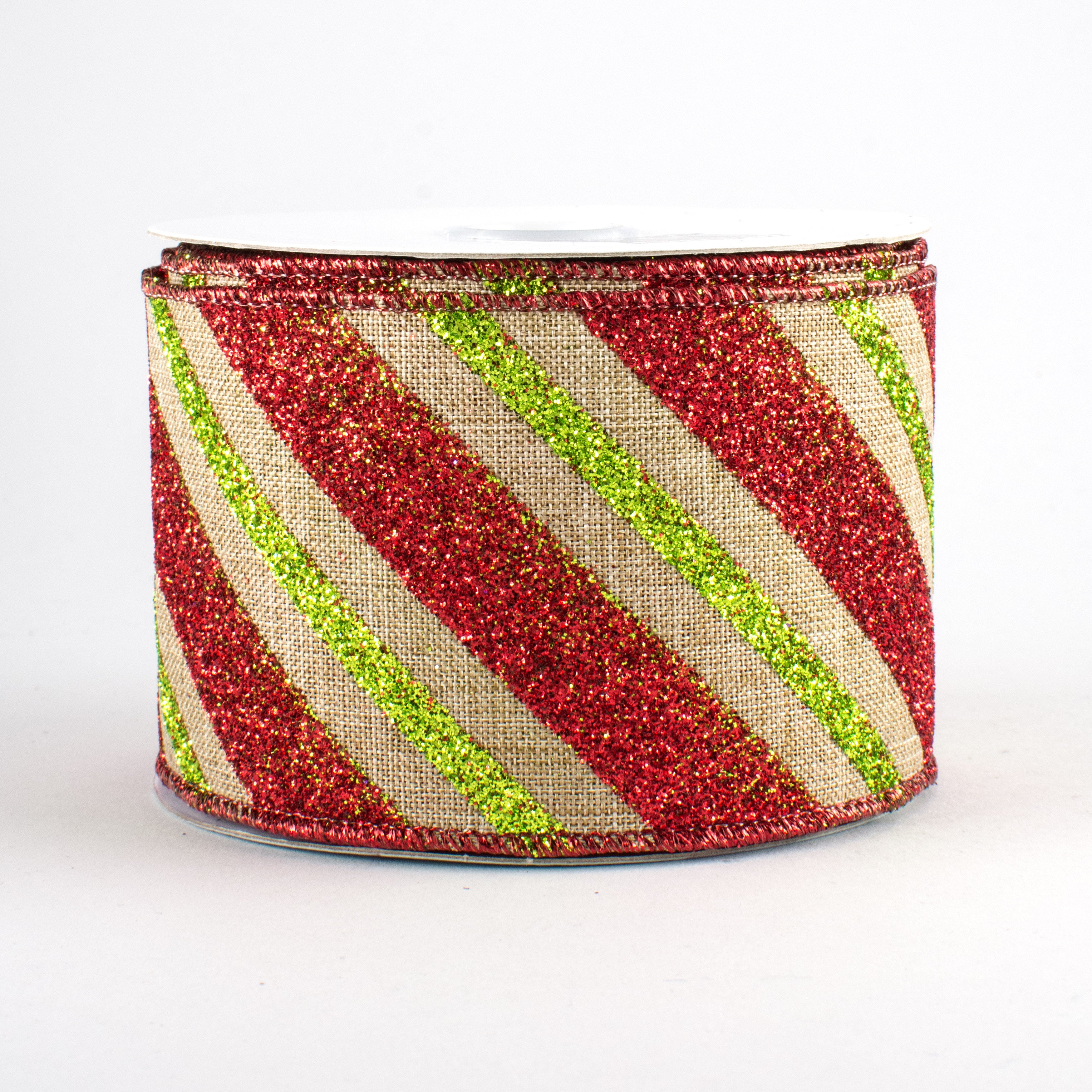 2.5" Diagonal Glitter Stripe Faux Canvas Ribbon: Lime & Red (10 Yards)