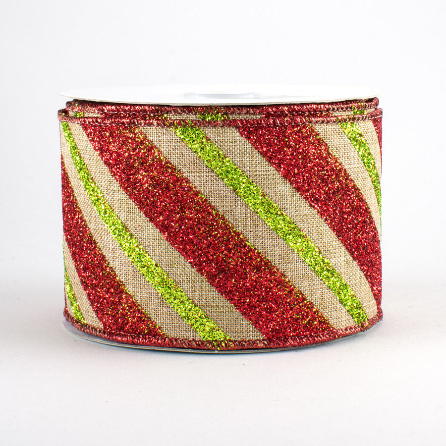 2.5" Diagonal Glitter Stripe Faux Canvas Ribbon: Lime & Red (10 Yards)