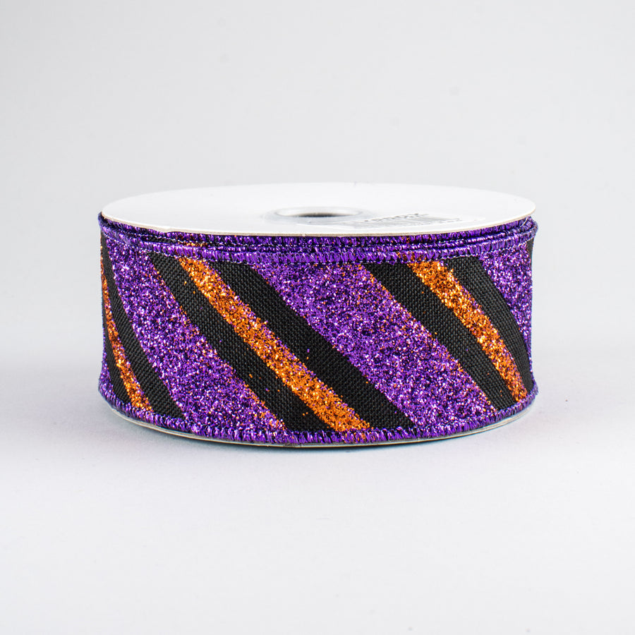 1.5" Diagonal Glitter Stripe Ribbon: Black, Purple, Orange (10 Yards)