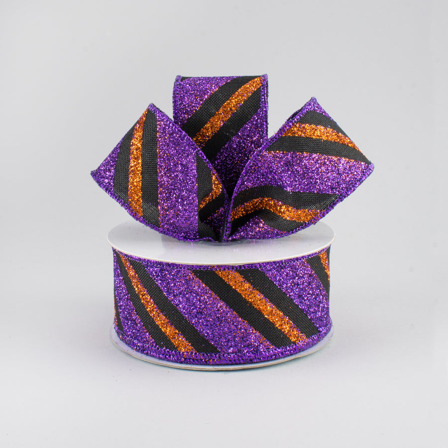 1.5" Diagonal Glitter Stripe Ribbon: Black, Purple, Orange (10 Yards) Lifestyle Photo