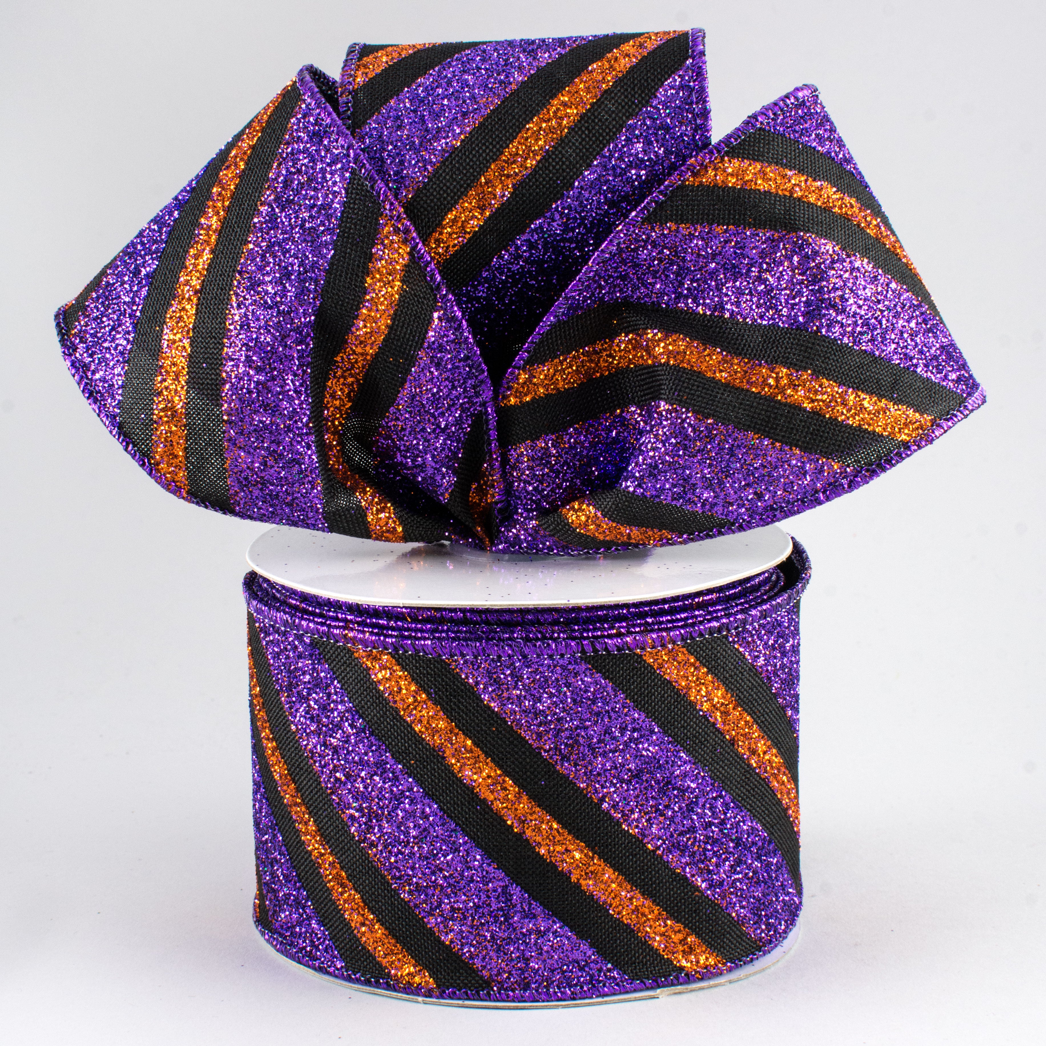 2.5" Diagonal Glitter Stripe Ribbon: Black, Purple, Orange (10 Yards) Lifestyle Photo