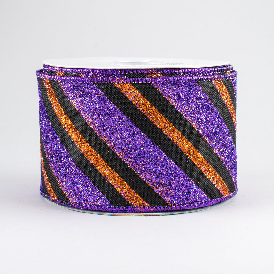 2.5" Diagonal Glitter Stripe Ribbon: Black, Purple, Orange (10 Yards)