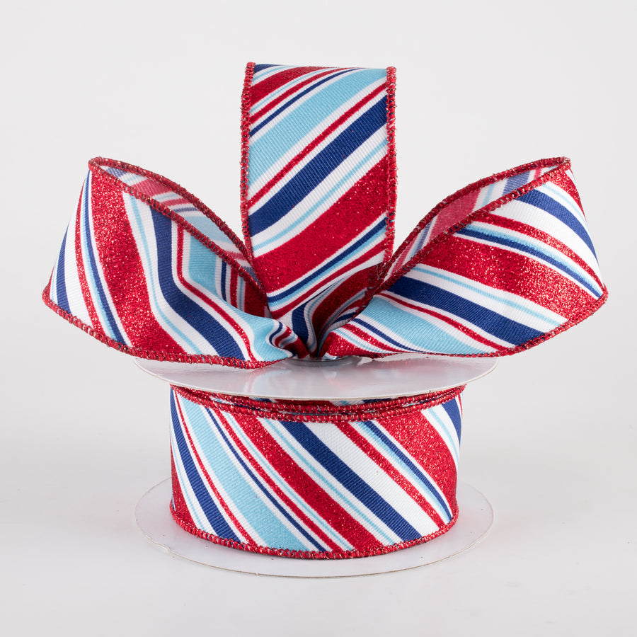 1.5" Diagonal Glitter Stripe Ribbon: Light Blue Patriotic (10 Yards) Lifestyle Photo