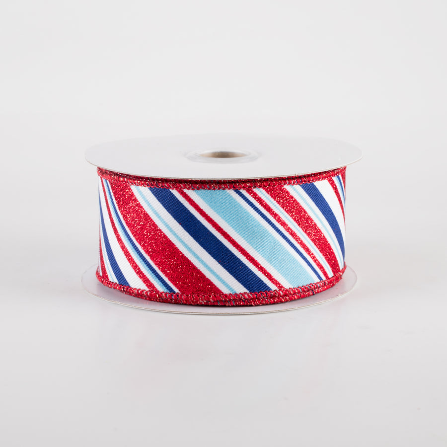 1.5" Diagonal Glitter Stripe Ribbon: Light Blue Patriotic (10 Yards)